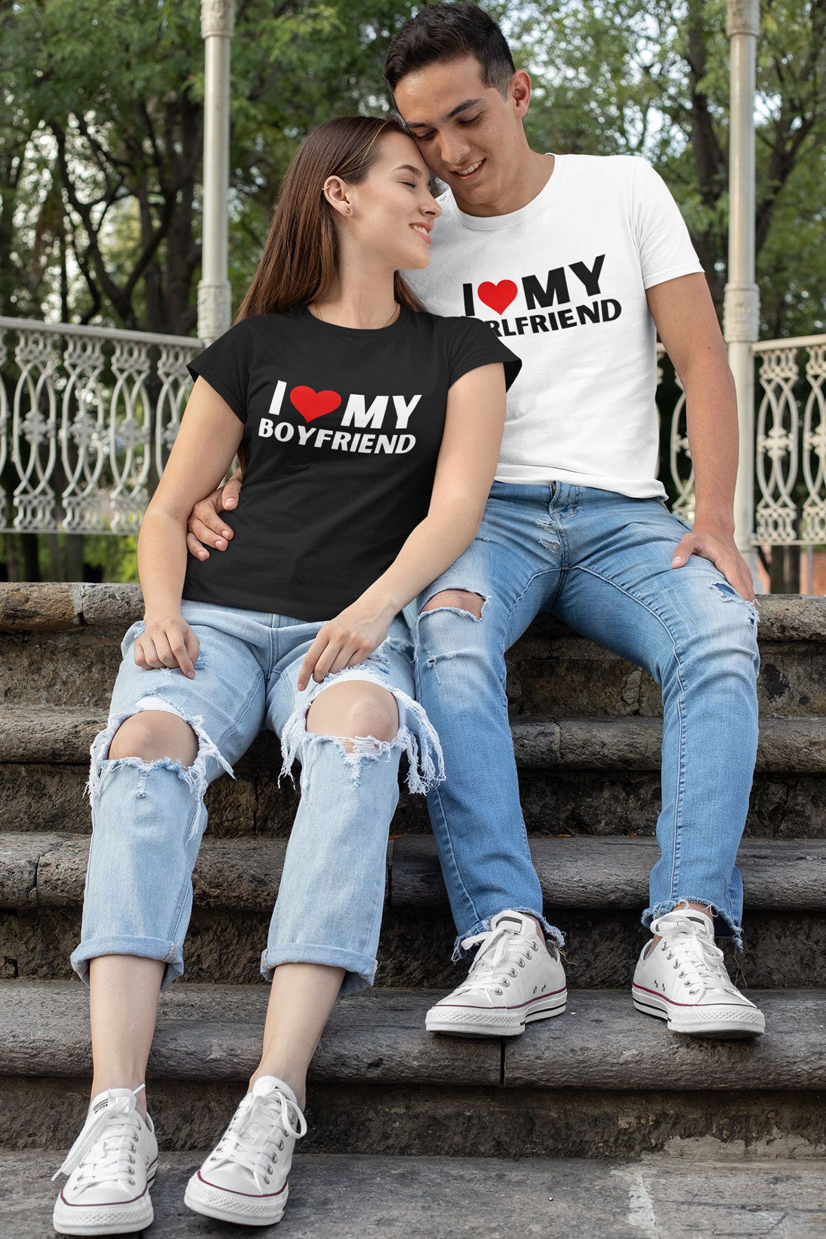 qoeuyl boutique I Love Girlfriend Boyfriend Baskılı Sevgili Çift Kombin İkili Sevgililer Günü Hediye T-Shirt