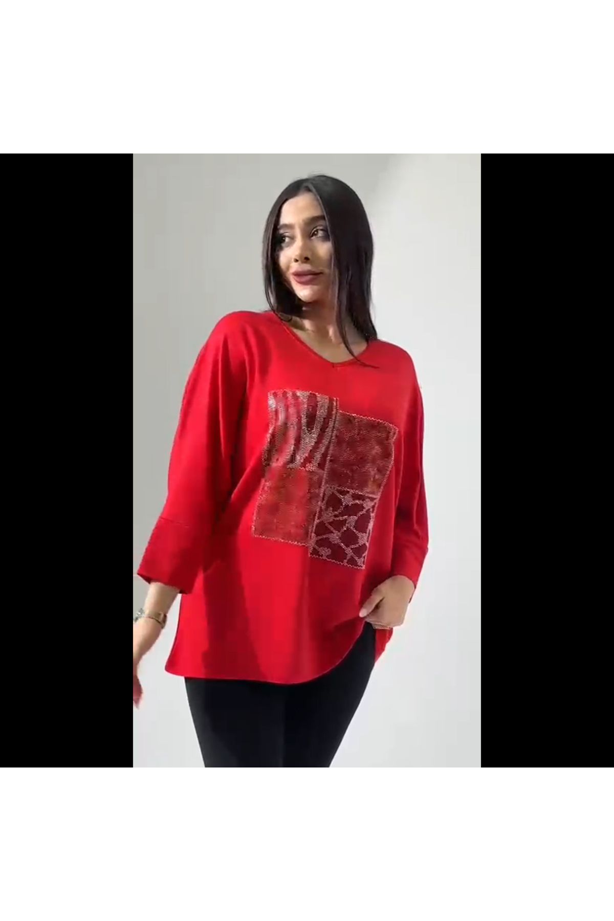 Elaxi Taşlı Oversize Leopar Desen Tişört