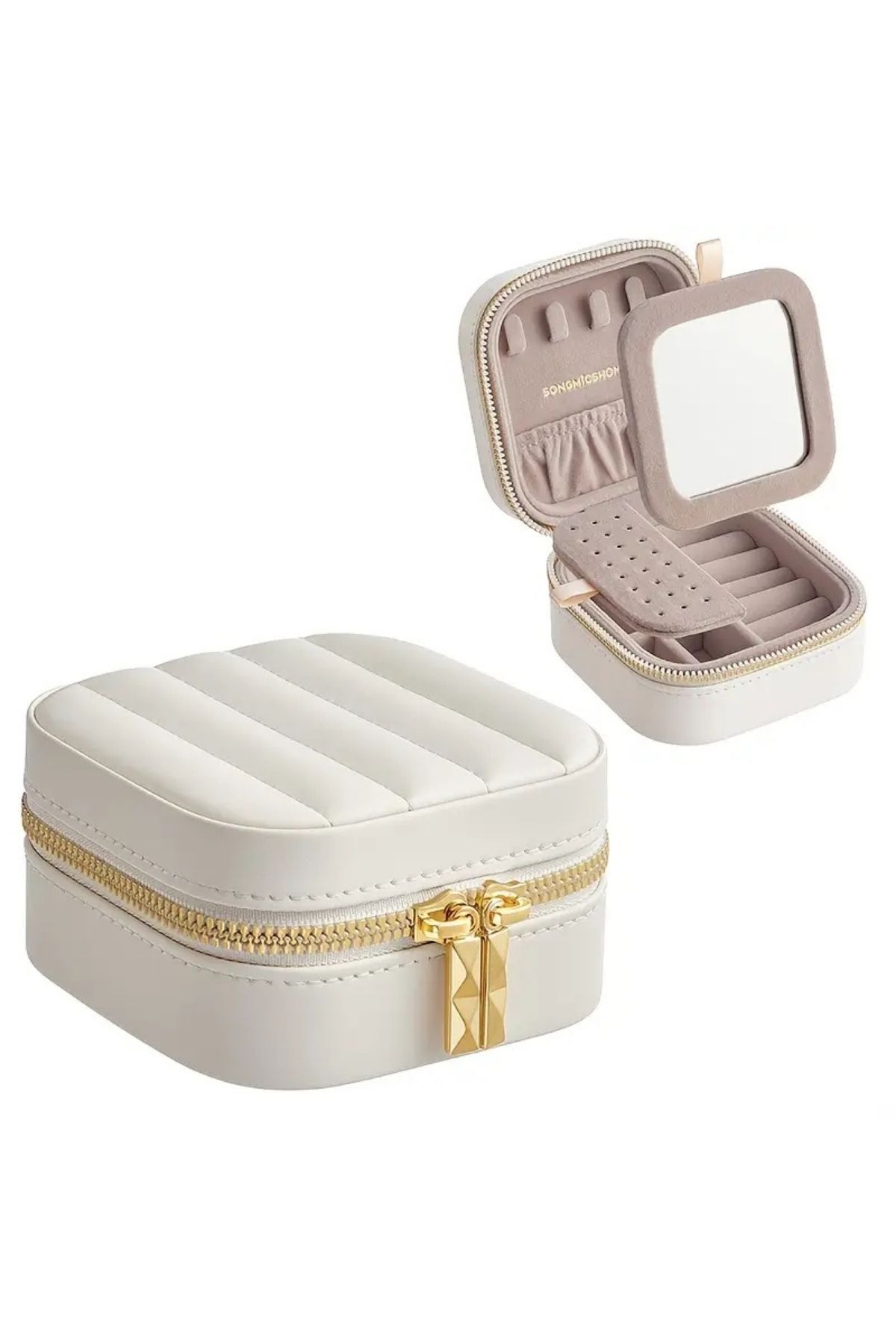 Homebiente-Jewelbox Ecru Mini Luxury Travel Jewelry Box with Mirror 1