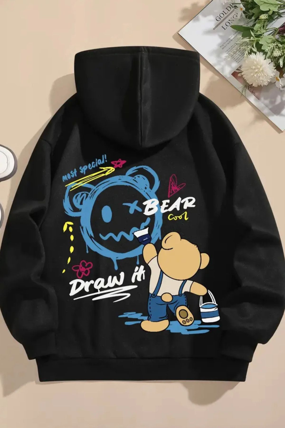 FECCY Pamuklu Unisex Bear Sırt Baskılı Kapüşonlu Oversize Hoodie Sweatshirt