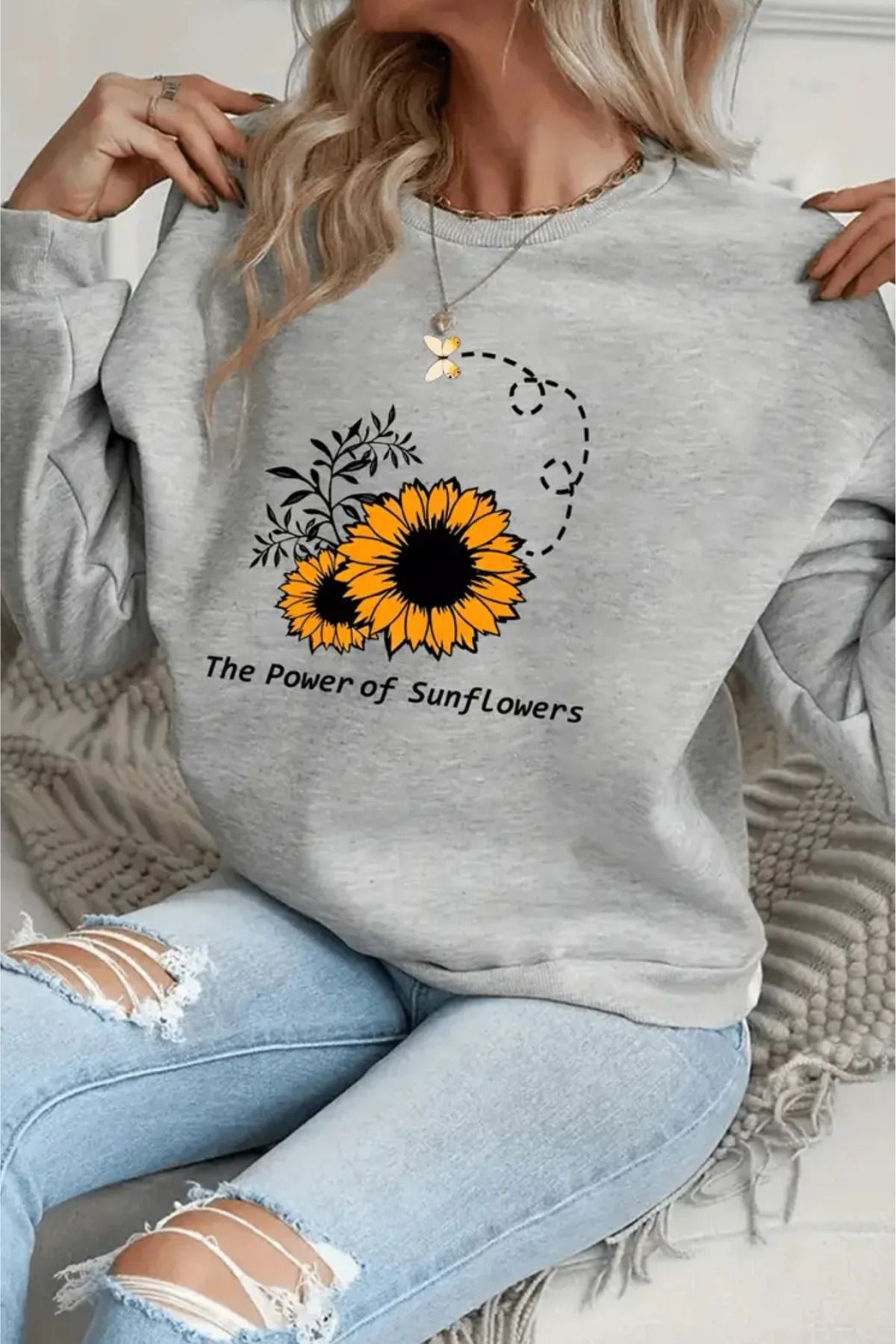 FECCY Pamuklu Rahat Ayçiçeği Baskılı Sweatshirt