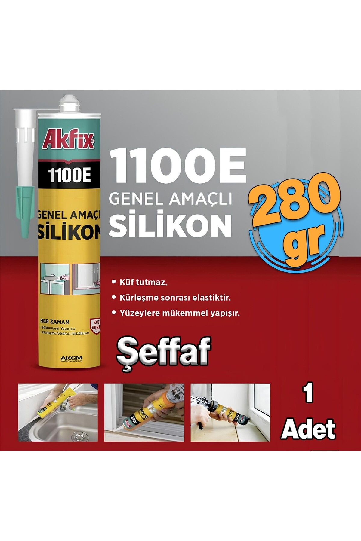 Akfix Genel Amaçlı Silikon Yapıştırma Sızıntı Önleyici Dolgu Silikonu 280 gr 1 Adet Akfix 1100E ŞEFFAF