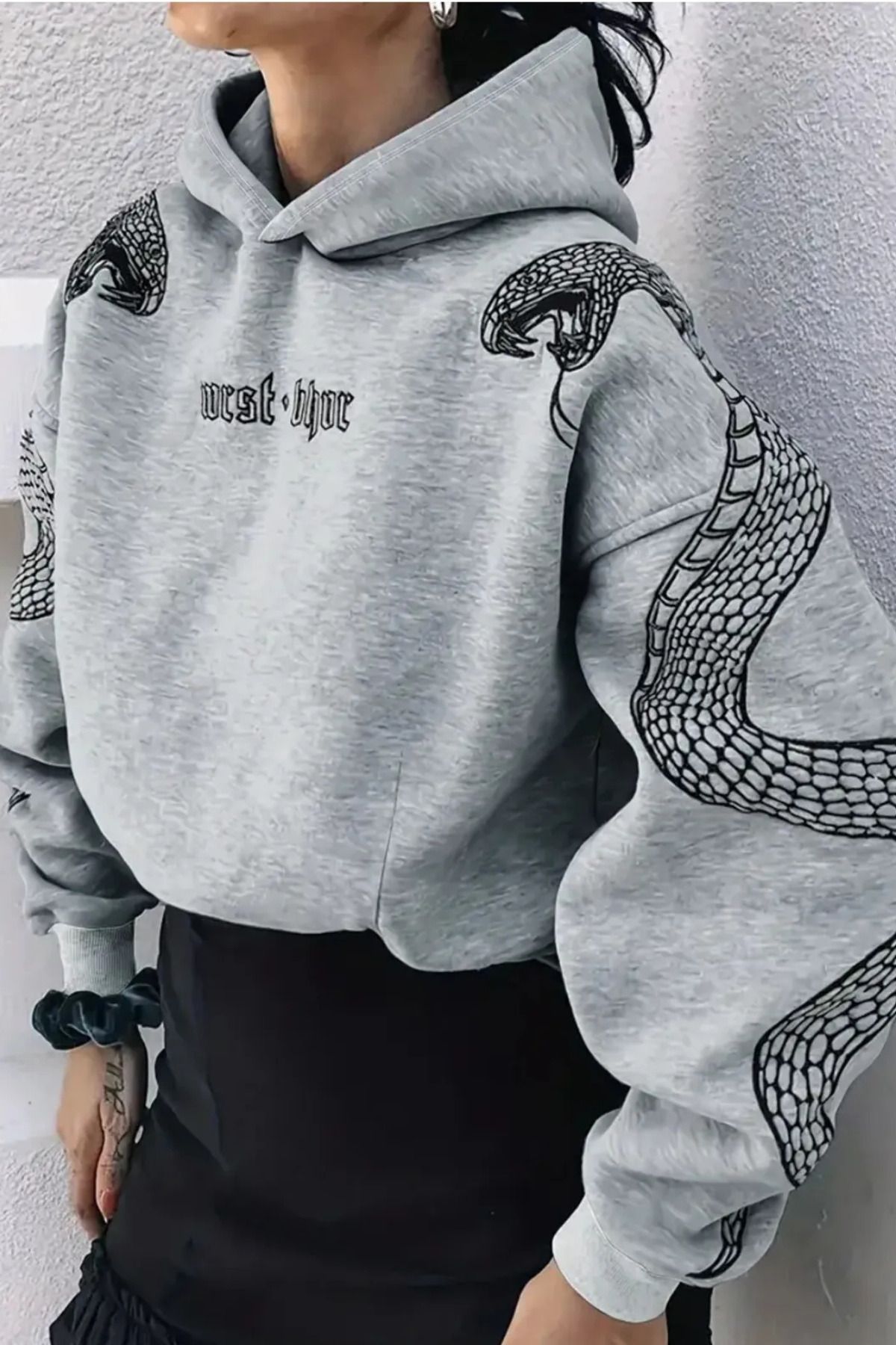 Wish BF Yılan Baskılı Kapüşonlu Sweatshirt Hoodie