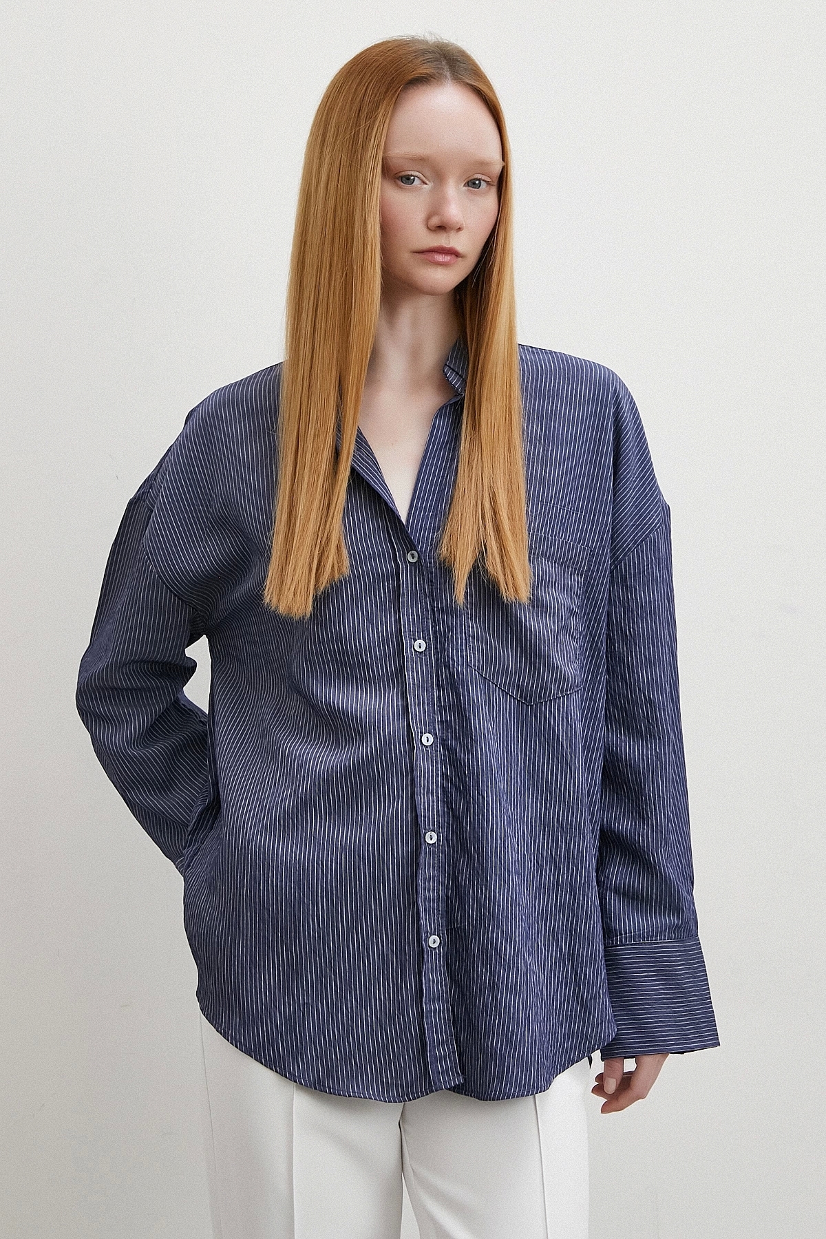 Never more  Cepli Çizgili Gömlek Lacivert - Görsel 5
