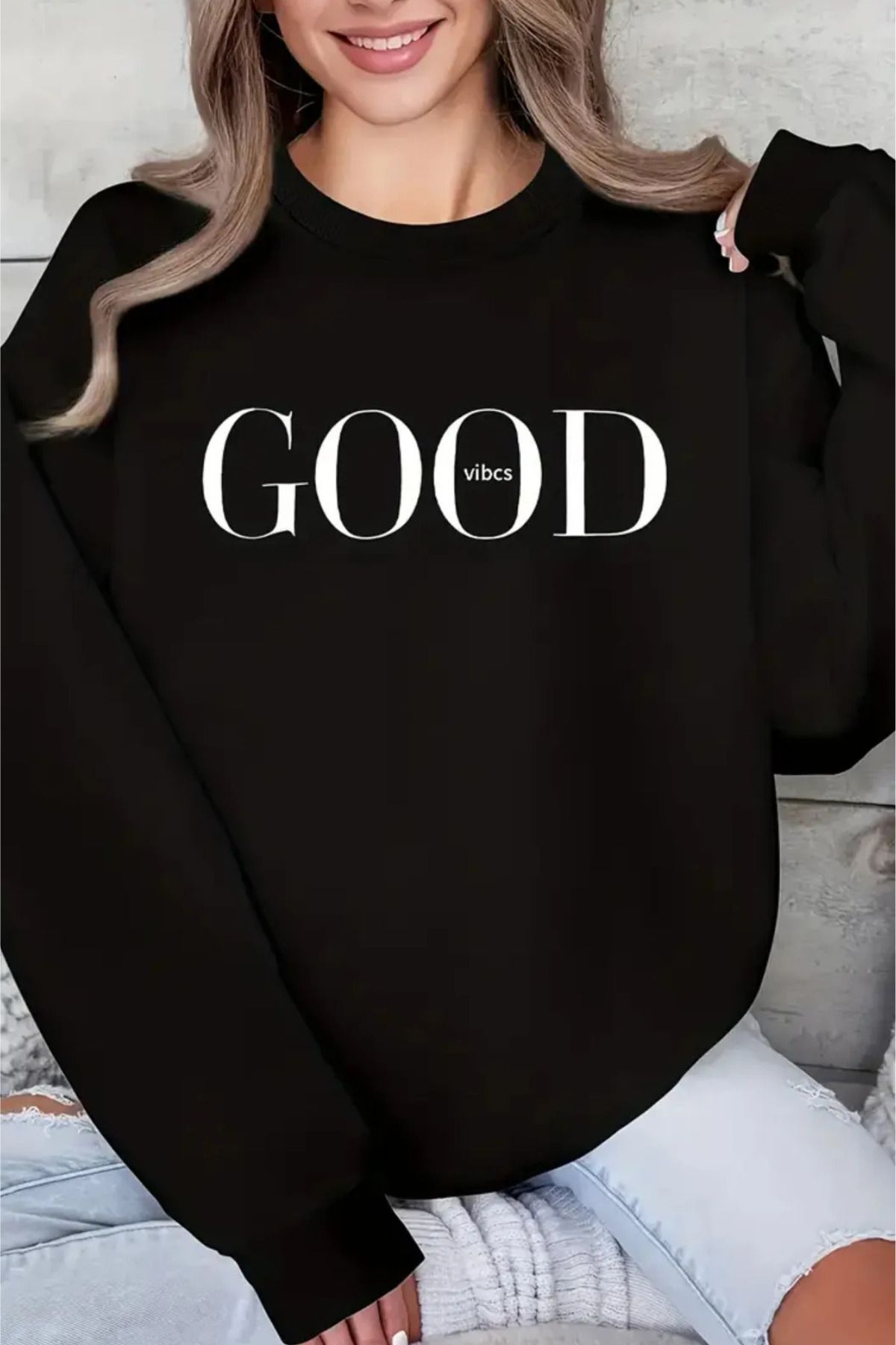 Wish BF Unisex GOOD Baskılı Bisiklit Yaka Sweatshirt