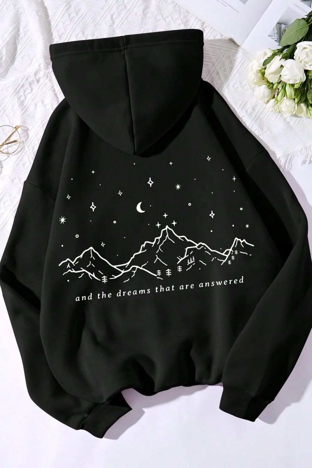 Wish BF yıldızlı gece ve dağlar arka baskılı siyah oversize kapşonlu sweatshirt hoodie