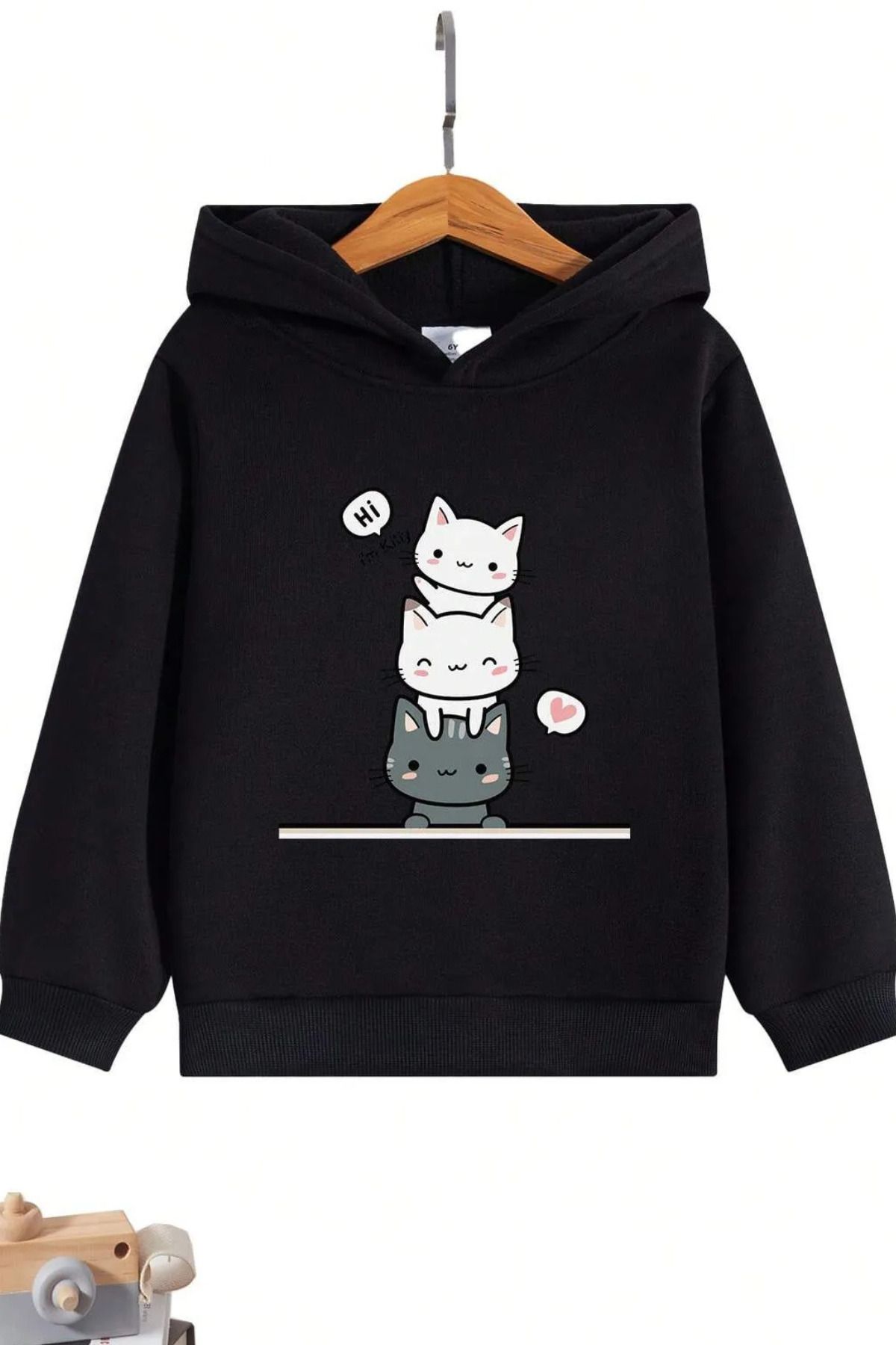 Wish BF _sevimli kediler ön baskılı gri oversize kapşonlu sweatshirt hoodie