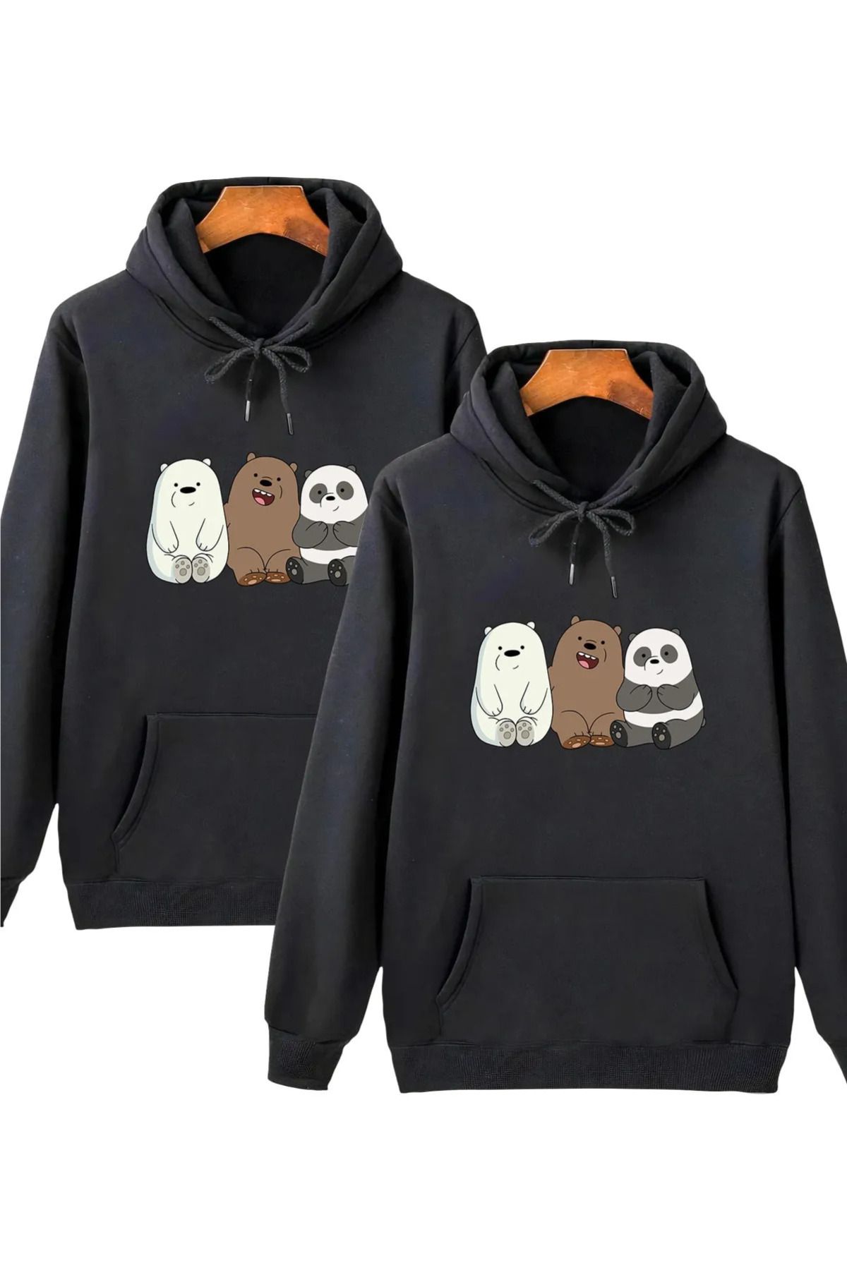 Wish BF Unisex Kafadar Ayılar Baskılı Kapüşonlu Sweatshirt 2'li Set Sevgili Arkadaş Çift Kombini