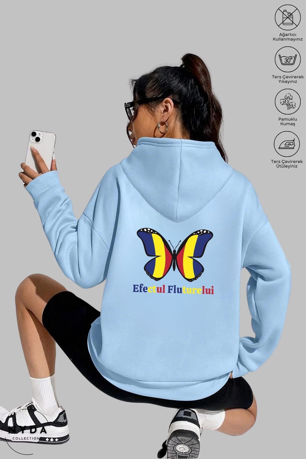 Nyda Collections Unisex Hoodie Romania Efectul Fluturelui Baskılı Kapüşonlu Şardonlu Oversize Pamuk Sweatshirt