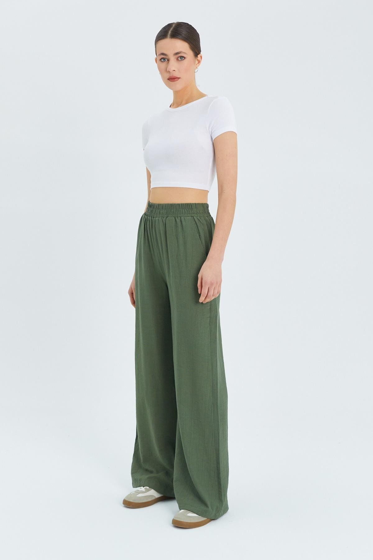 Mixray-Model 4315 - Pantaloni Palazzo kaki de damă, cu talie elastică 3
