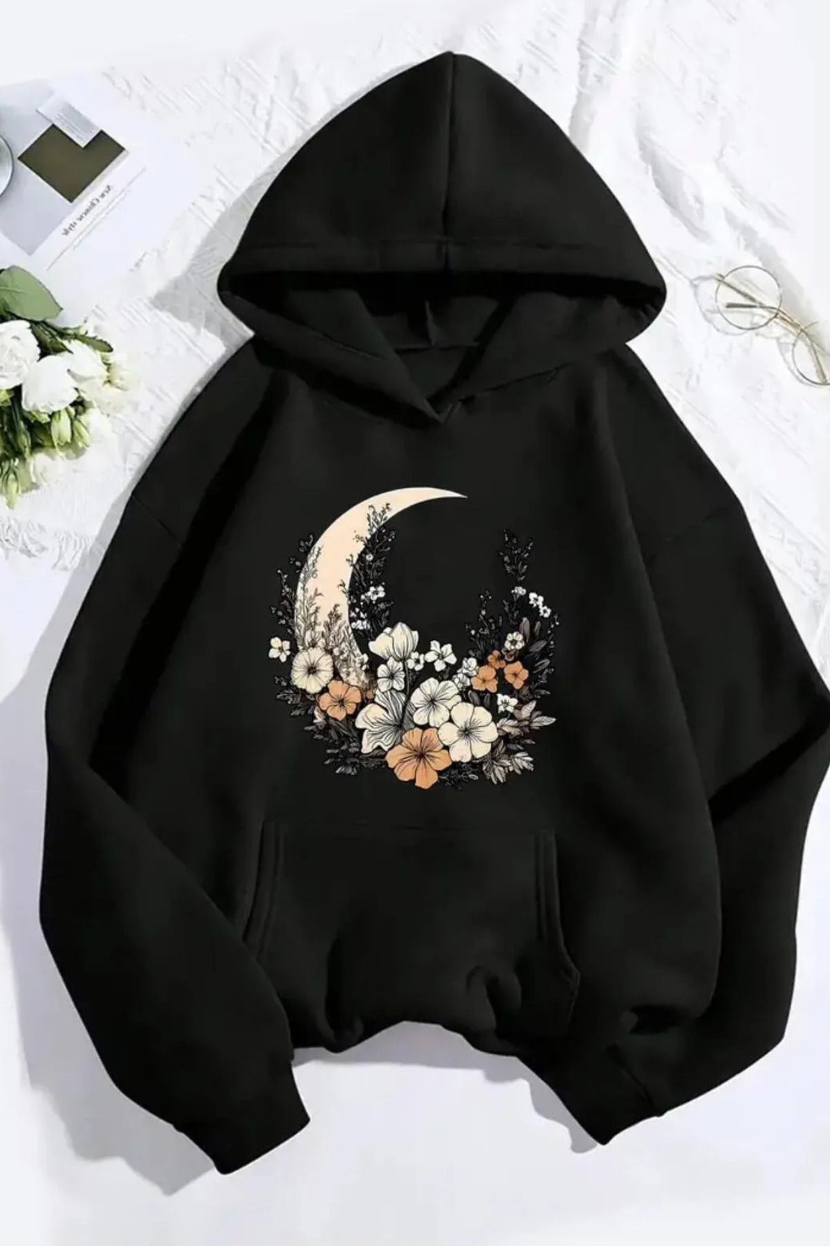 Wish BF Çiçekli Ay Deseni İçi yünlü Oversize 2 İplik Şardonlu Sweatshirt