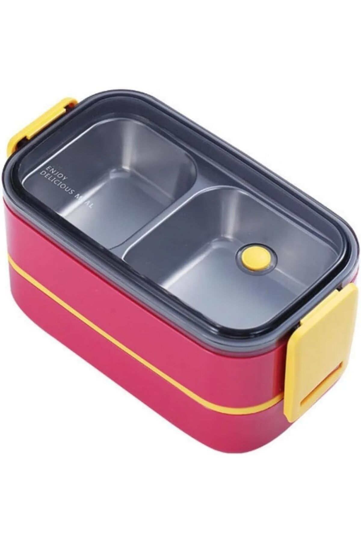 NcK Bento 1400ml Lunchbox İki Katlı 2 Bölmeli Çelik Sefer Tası Yemek Kutusu (Kırmızı-Sarı)