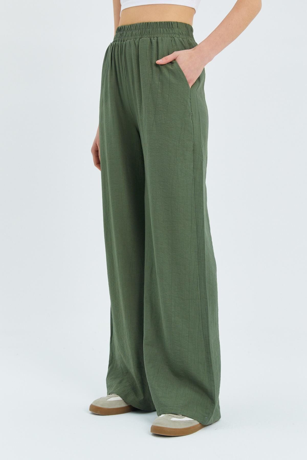 Mixray-Model 4315 - Pantaloni Palazzo kaki de damă, cu talie elastică 5
