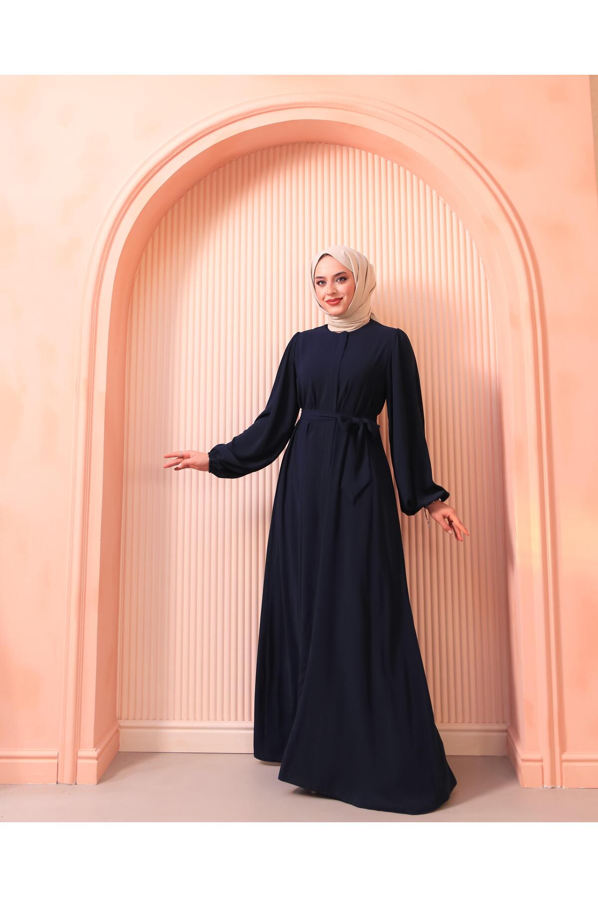 Balloon Sleeve Lightweight Fabric Hidden Zippered and Pocket Belted Lina Abaya Navy Blue