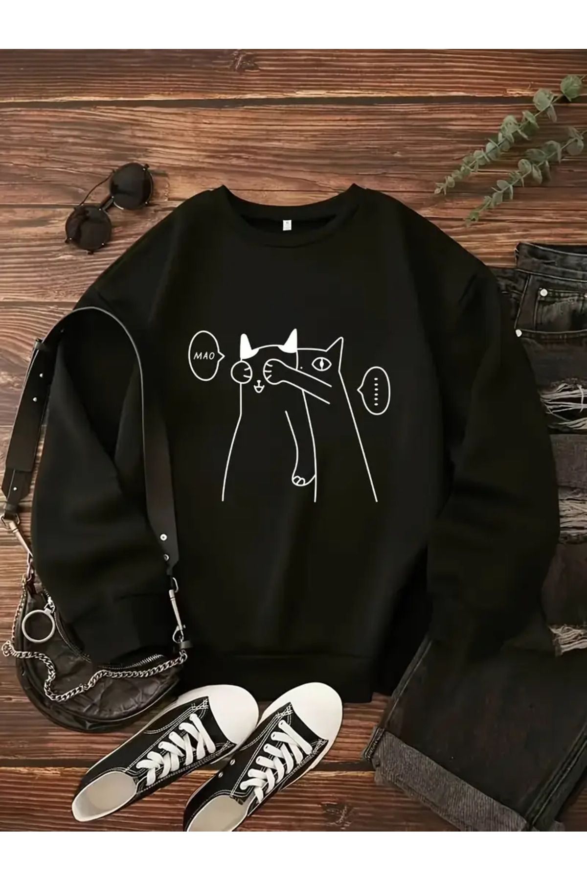 Nebulaa Tekstil Kedi Baskılı Rahat Sweatshirt - Kadın, Geniş Beden, Uzun Kollu