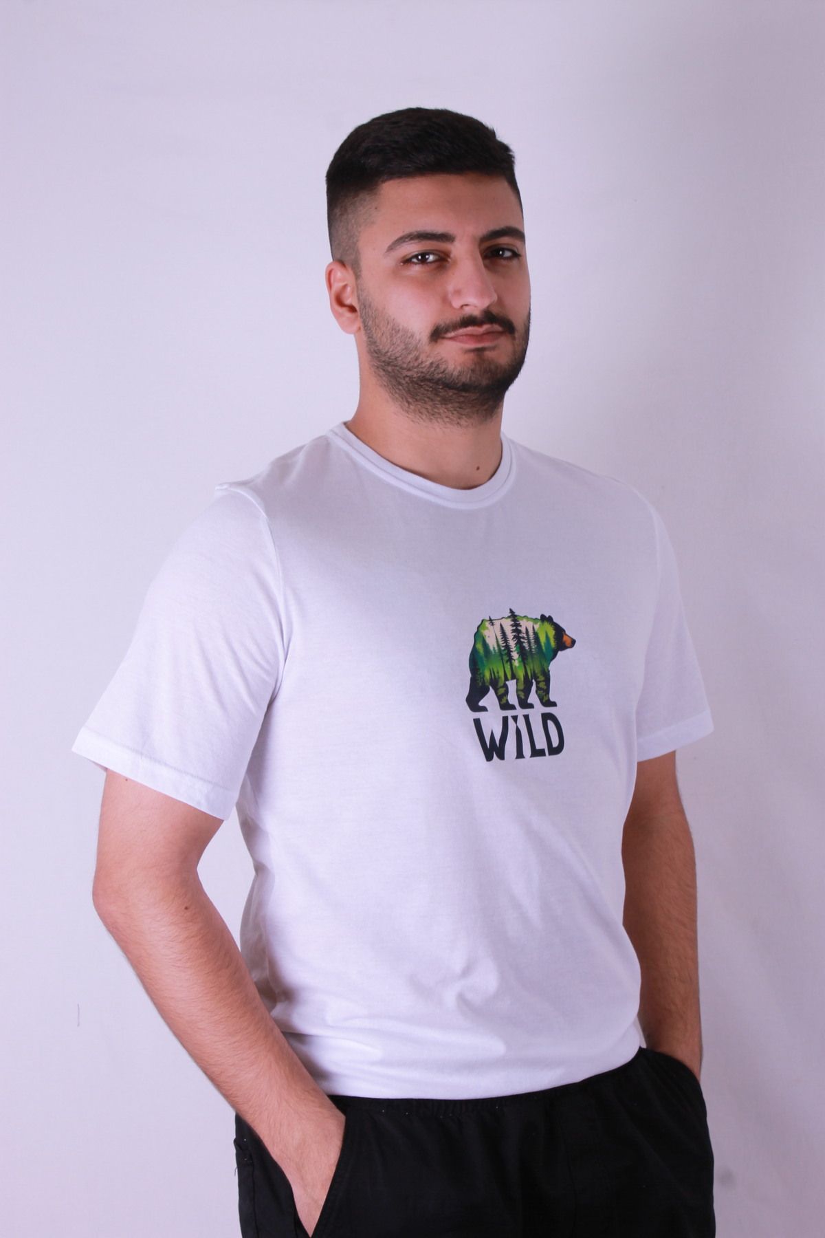 trender-Wild Bear Print White Men's T-Shirt 3