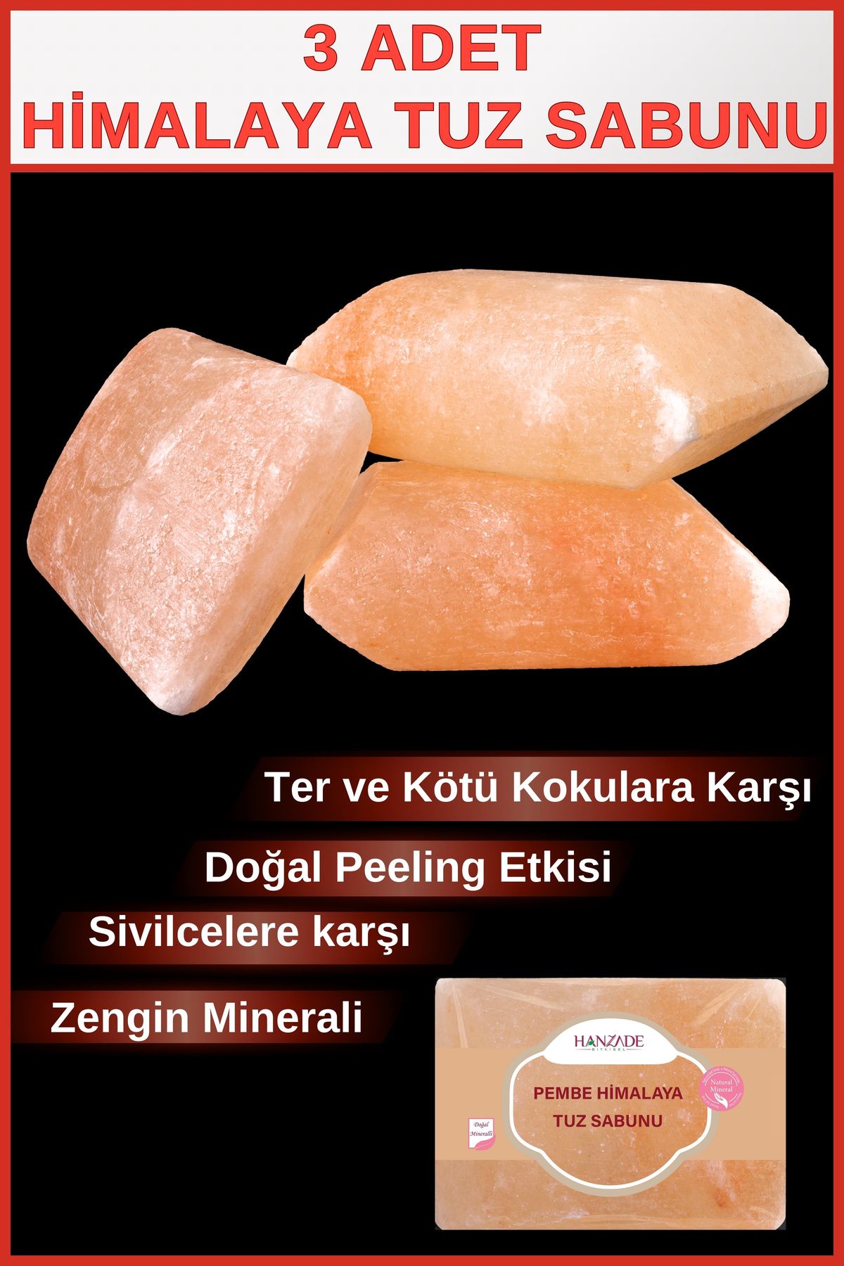 Hanzade Bitkisel Himalaya Tuz Sabunu 300-350 Gr x 3 Adet Zengin Mineralli Doğal Saf Pembe Himalaya Kaya Tuzu Sabunu