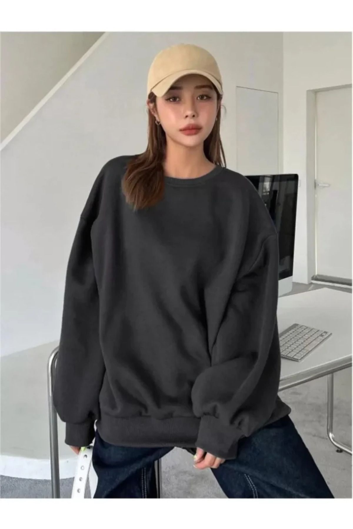 VELİZADE Kadın Yumuşak Konfor Modeli Oversize Bisiklet Yaka Salaş Model Hoodie Pamuklu Örme Sweatshirt