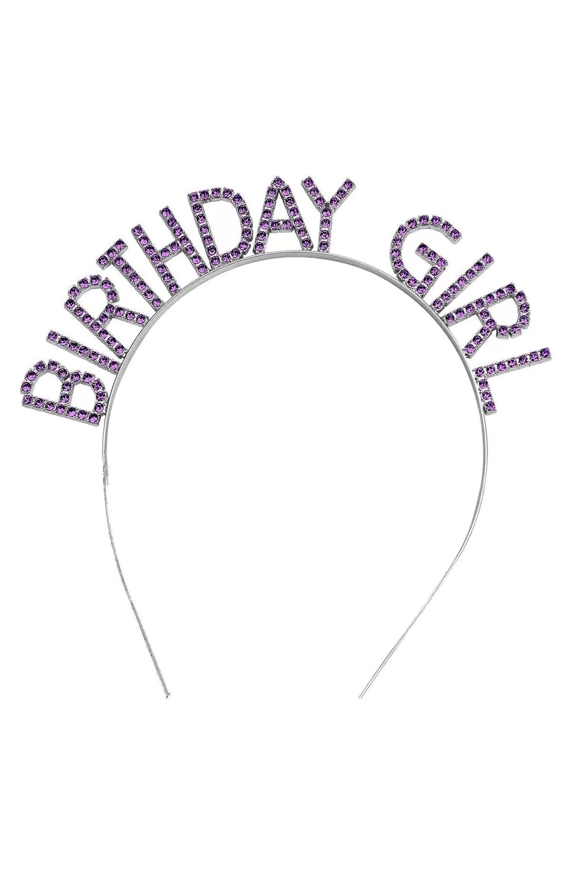 TREND Mor Renk Kristal Taşlı Parlak Birthday Girl Yazılı Taç 16x17 Cm