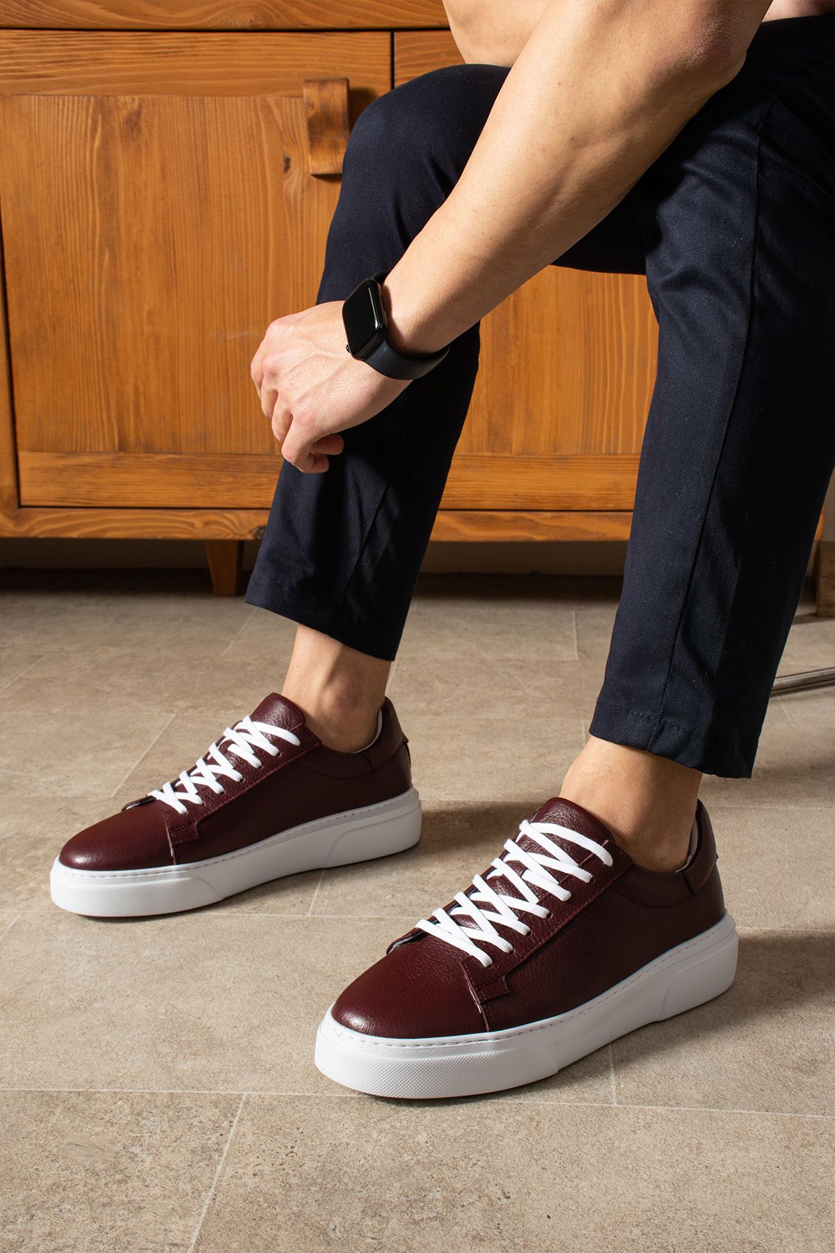 Safari Ayakkabı-Men's Leather Sneakers - Tommy Burgundy Shoes 3