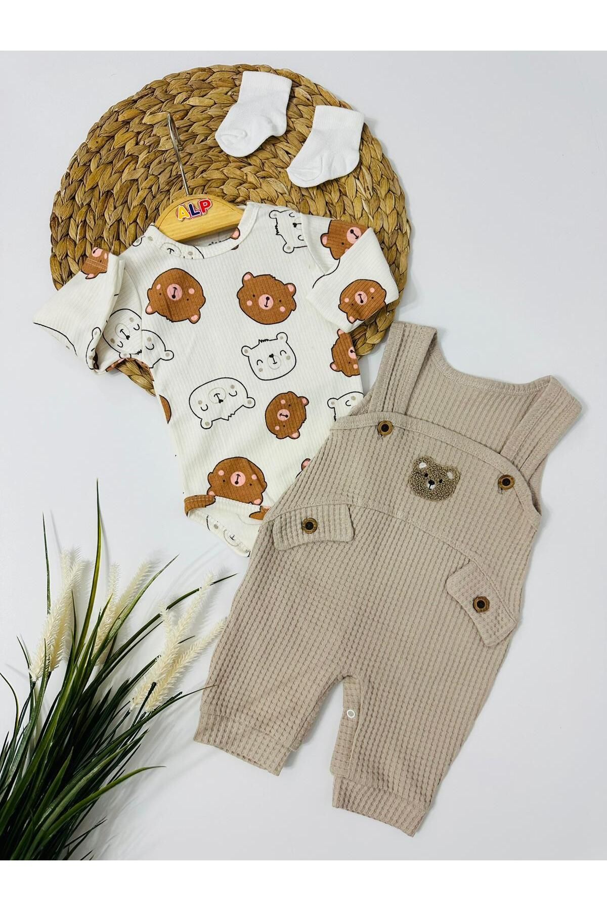 Alpbebe Bear Kaşkorse 3lü Sallopet Set - Bej