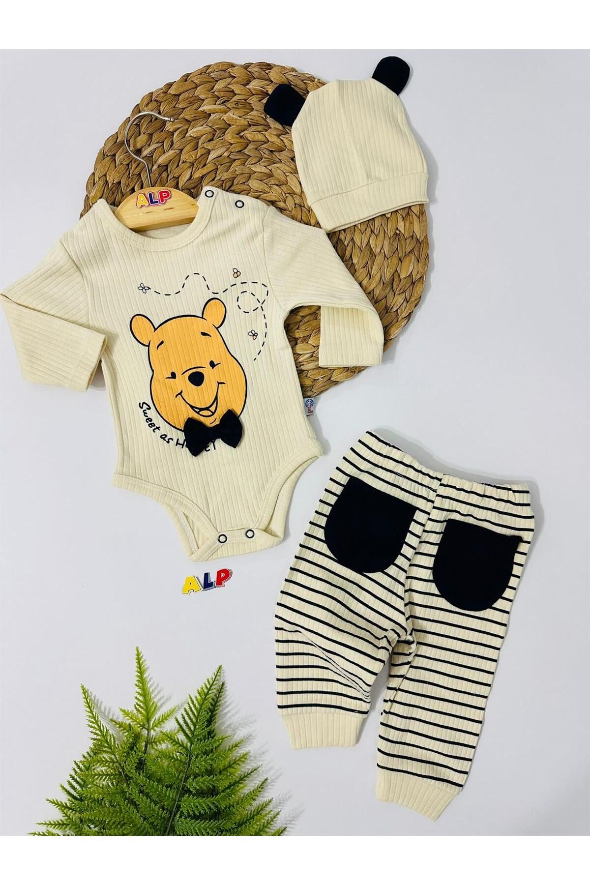 Alpbebe Winnie The Pooh Şapkalı Takım Set-Krem