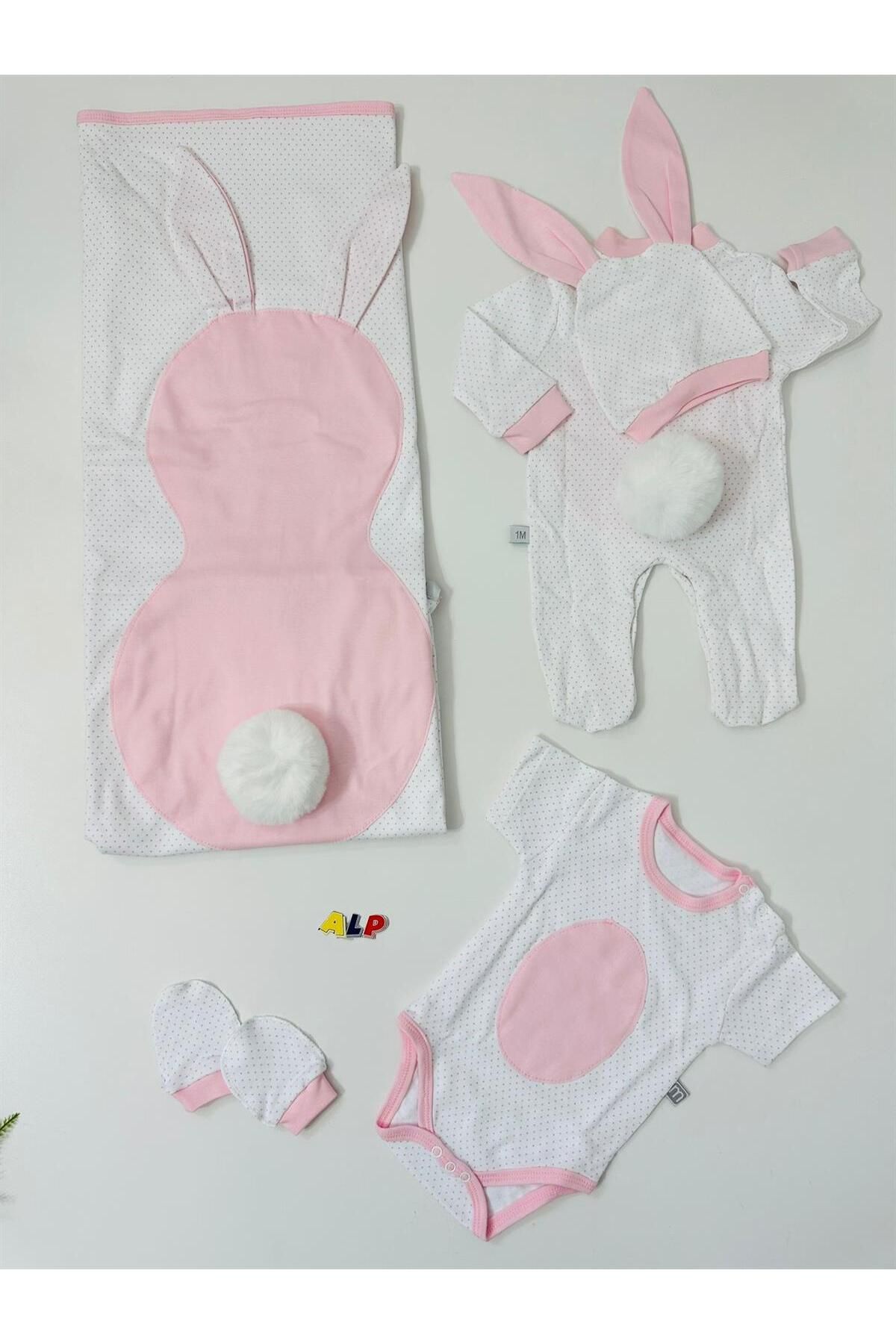 Alpbebe Rabbit ponponlu 5 parça hastane çıkışım seti beyaz