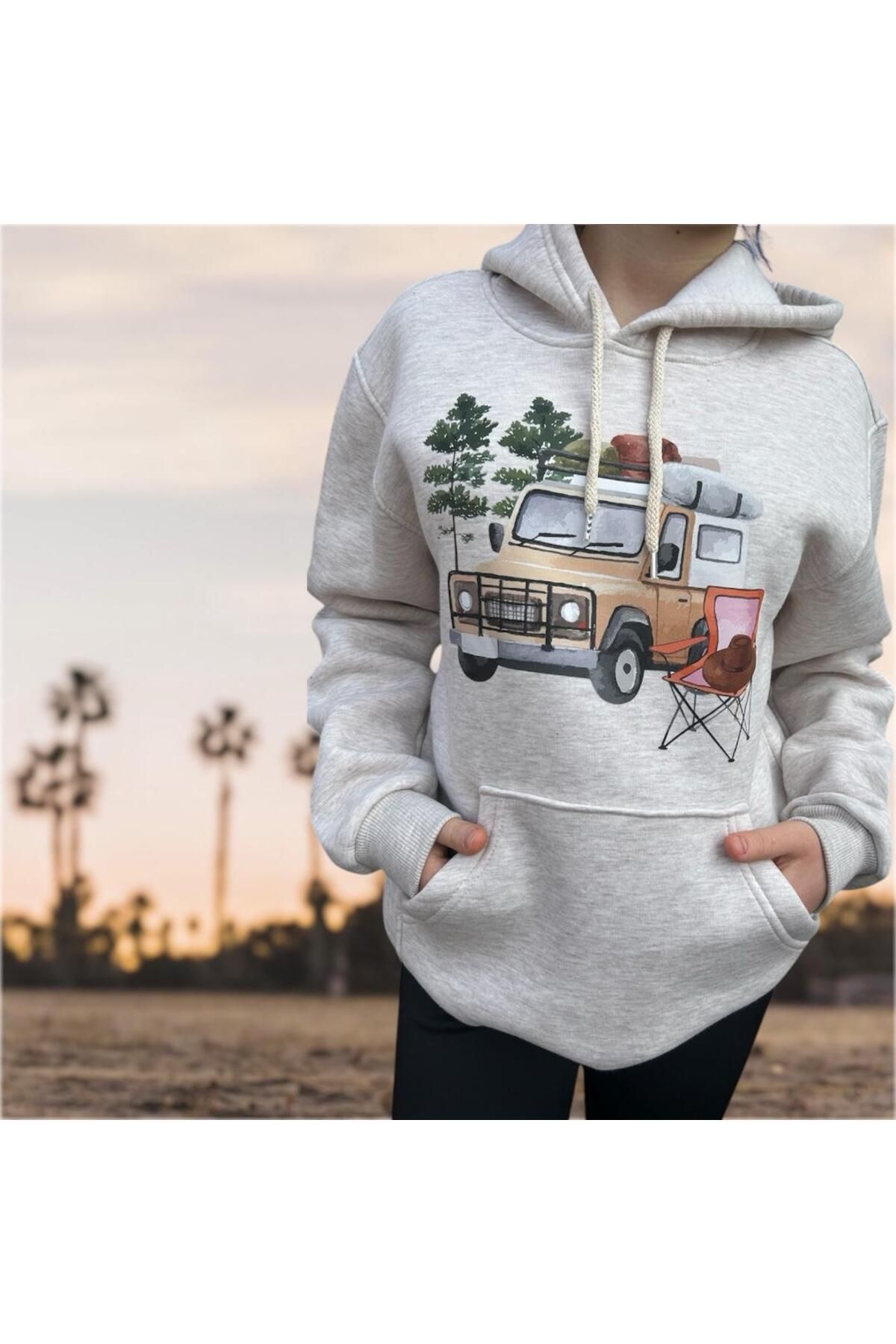 Butik Kapüşonlu krem kanguru cepli 3iplik şardonlu kalın yumuşacık Unisex Sweatshirt Hoodie