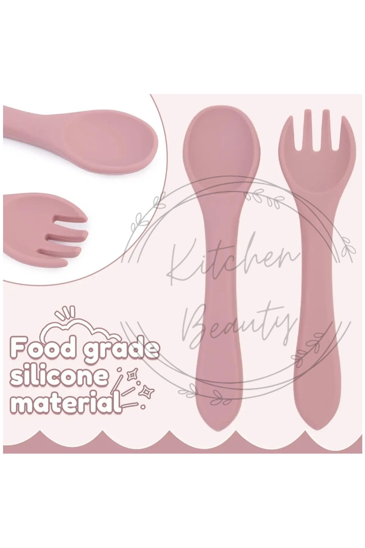 Kitchen Beauty Silikon Bebek Beslenme Seti Bebek Mama Kaşık Ve Çatal Mavi fotoğrafı 2 (önizleme)