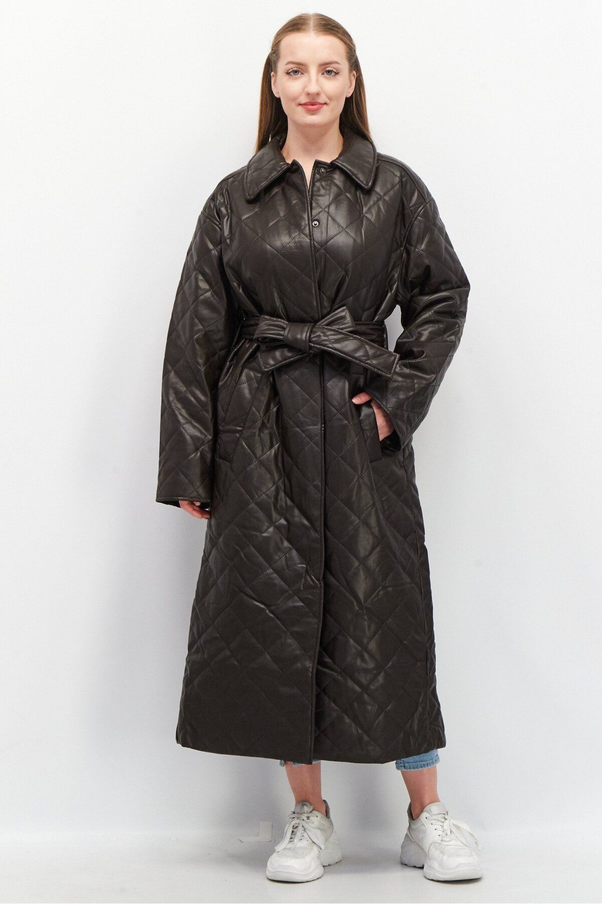 Asos Design-Women Quilted Faux Leather Trench Coat, Dark Brown 1