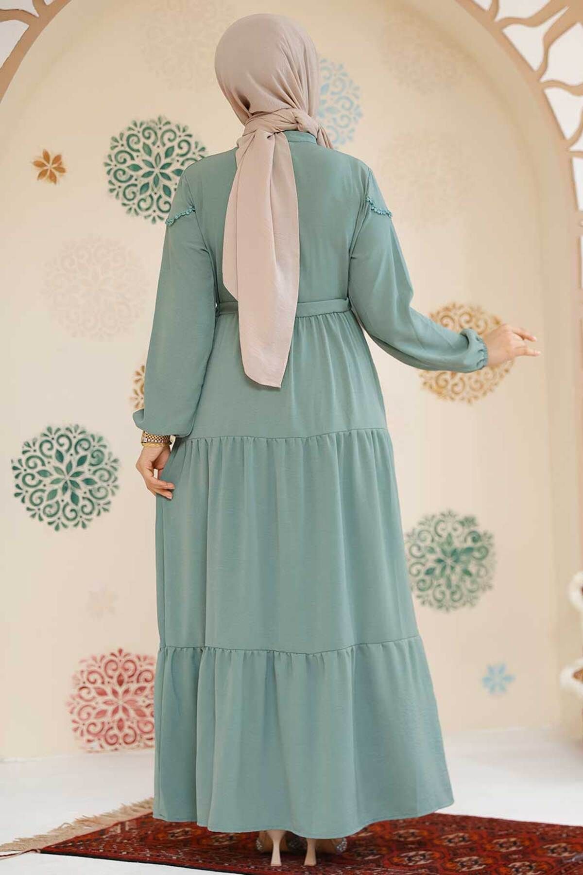 Neva Style-Çağla Green Pleated Hijab Dress - 10334Cy 4