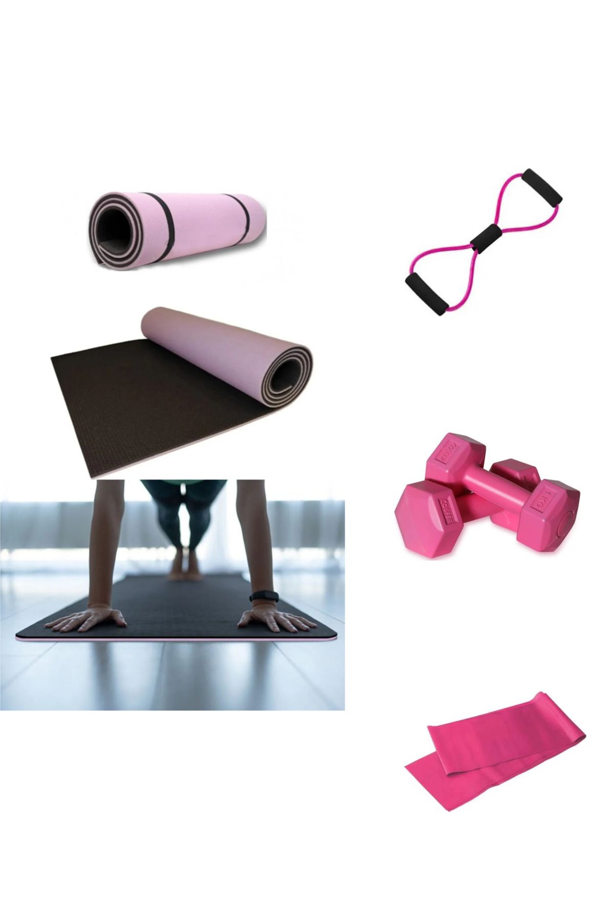 TrinkKapında A Kalite Pilates Seti 8,5 mm Çift Taraflı Mat + Direnç İpi + 2 Adet Dambıl + Direnç Bandı