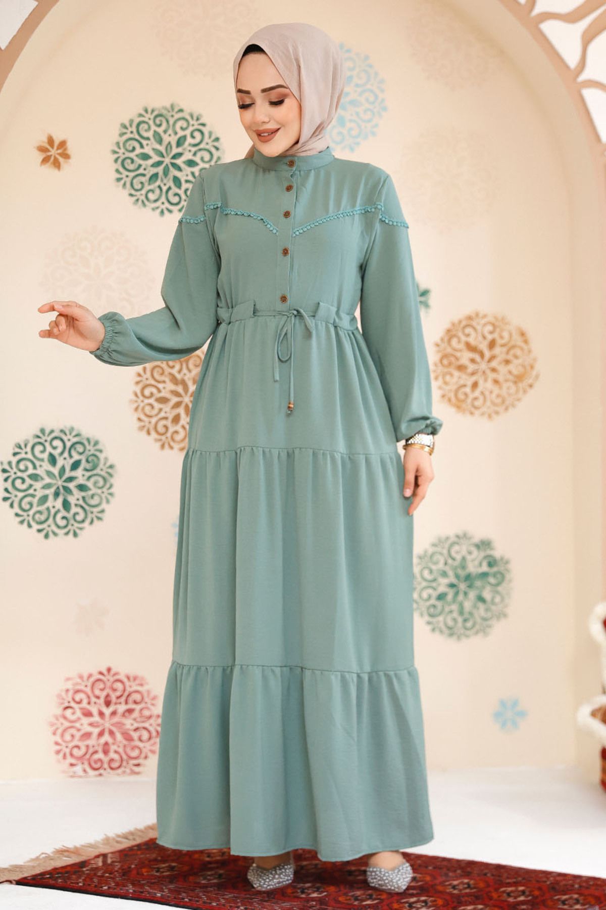 Neva Style-Çağla Green Pleated Hijab Dress - 10334Cy 3