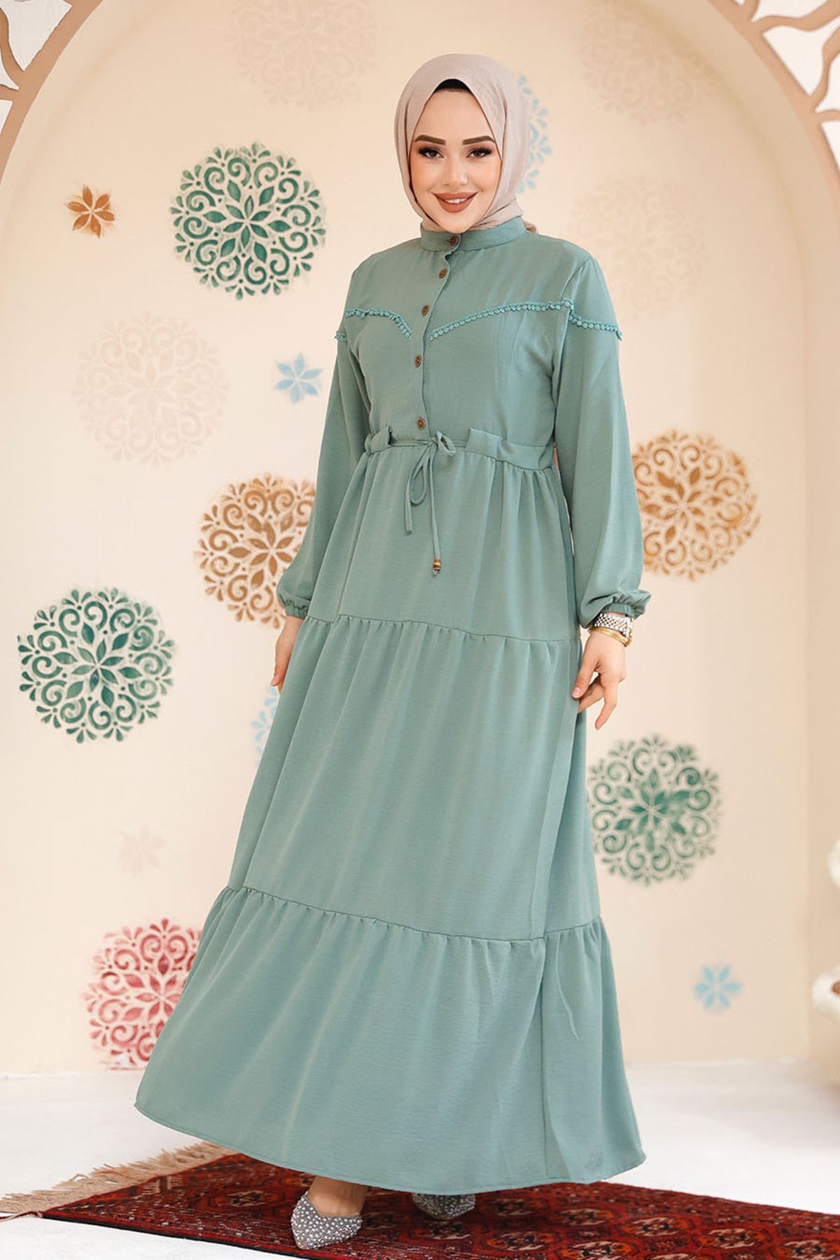 Neva Style-Çağla Green Pleated Hijab Dress - 10334Cy 2