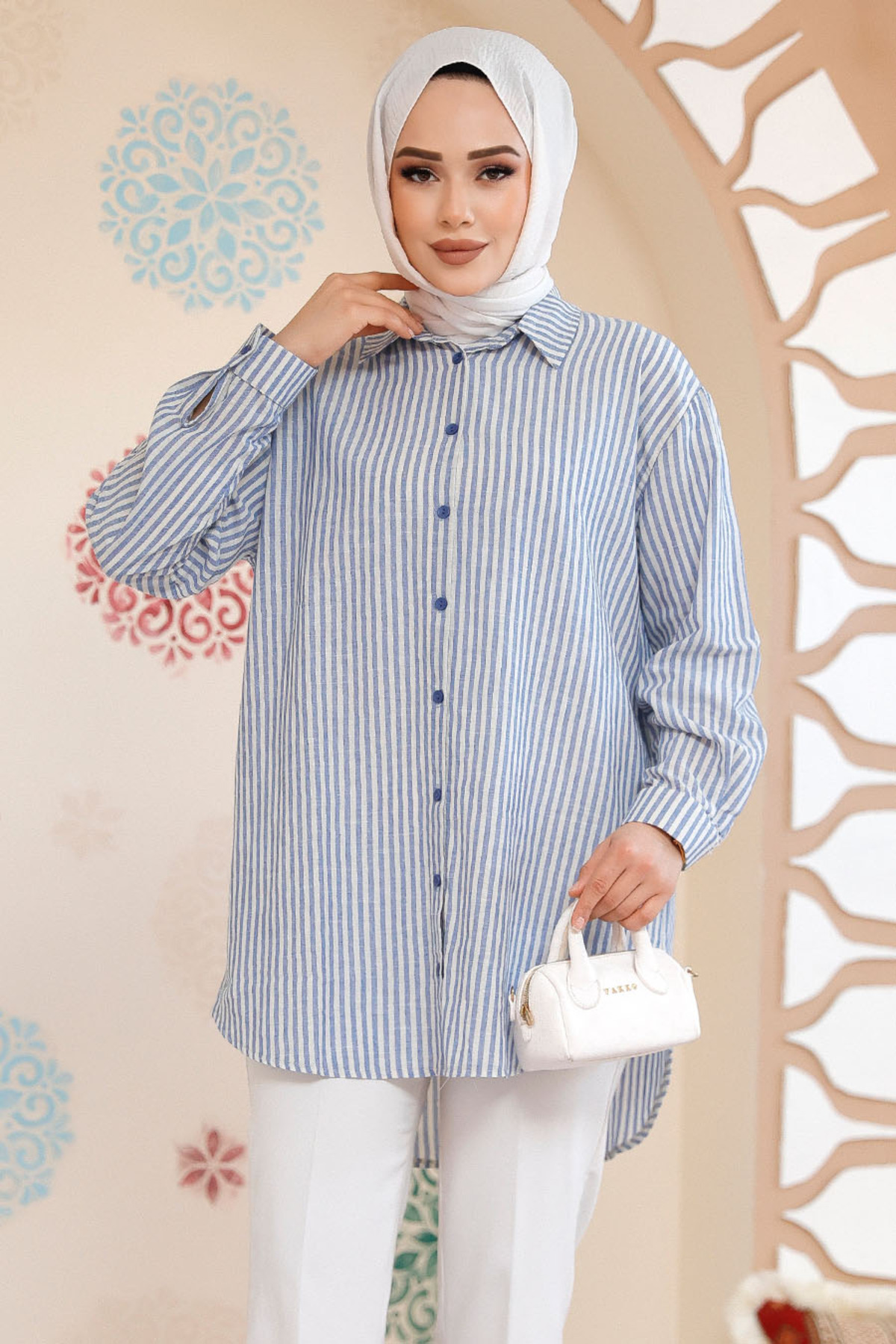 Neva Style-Striped Blue Hijab Shirt 52291m 1