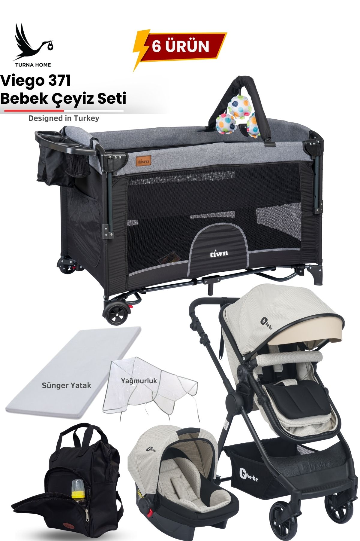 Be-Be Viego 6lı Bebek Çeyiz Seti (Travel bebek arabası, park beşik, puset, çanta, yatak, yağmurluk)