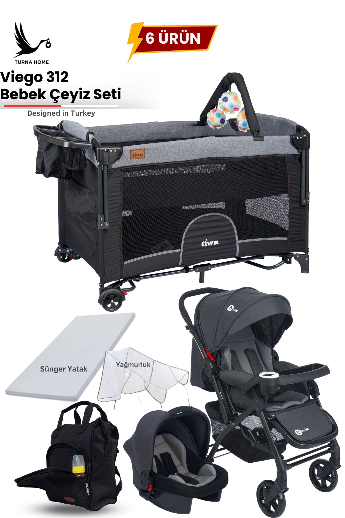 Be-Be Viego 6 Parça Bebek Çeyiz Seti (Bebek arabası,park beşik,puset,çanta,yatak,yağmurluk)