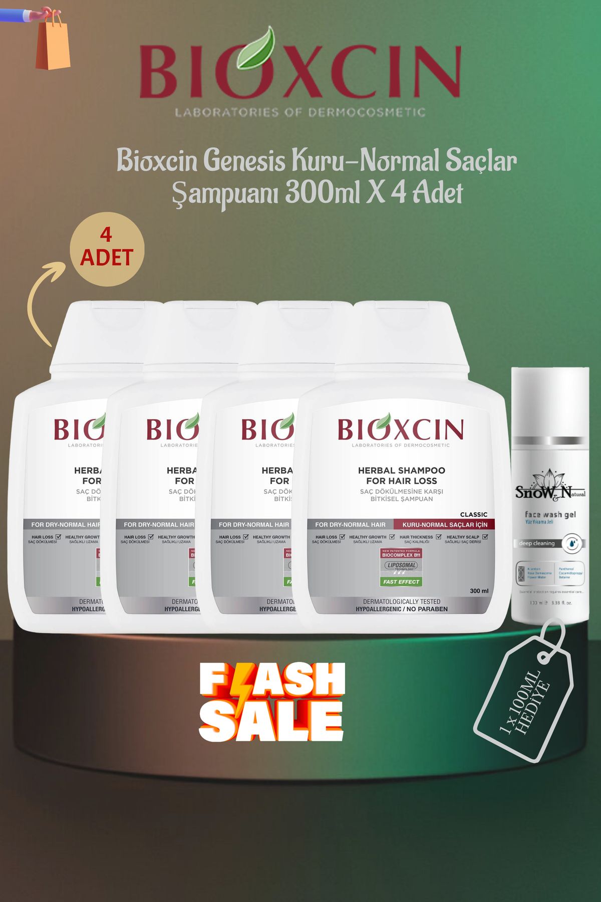 Bioxcin Genesis Kuru/Normal Saçlar Dökülme Karşıtı Bitkisel Şampuan 300ml x 4 Adet + 1 Adet 100ml Jel Hediye