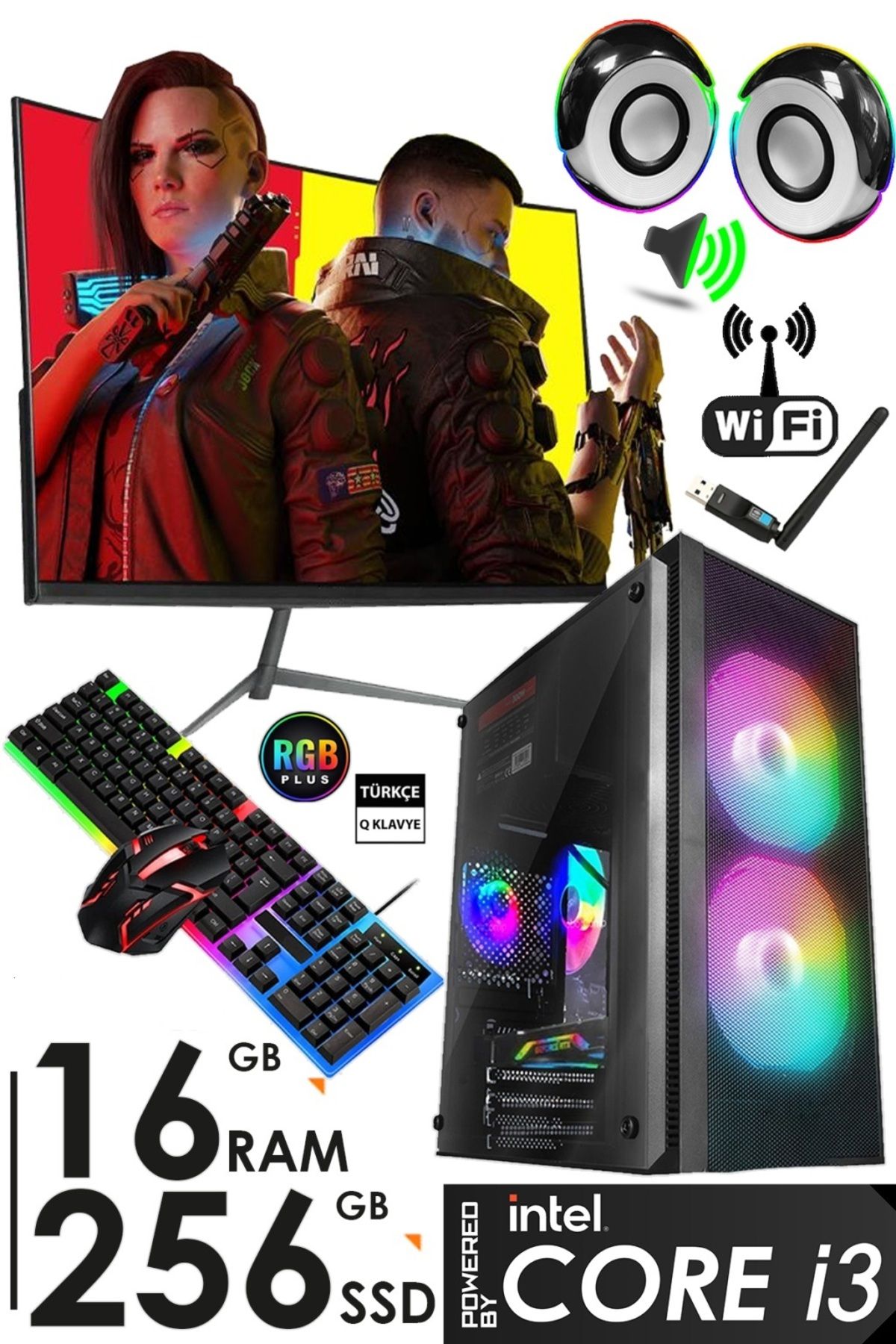 İZ TECH R264 i3 2400 3.40Ghz 16GB RAM 256 GB SSD 19 İNÇ Monitör Wi-Fi Masaüstü Bilgisayar