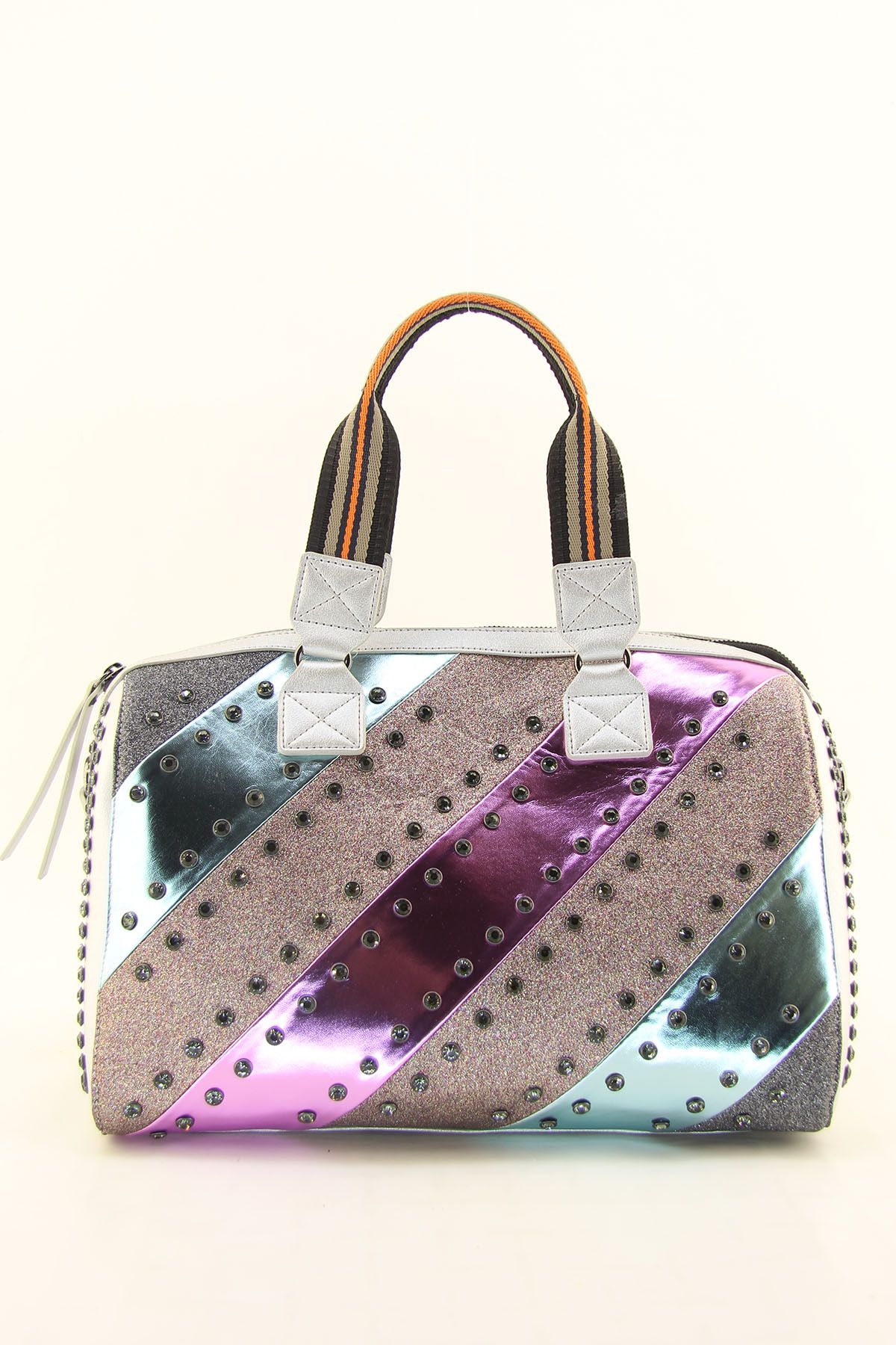 HNB-Women's Silver Multi Color Stone Cylinder Casual Shoulder Bag 3