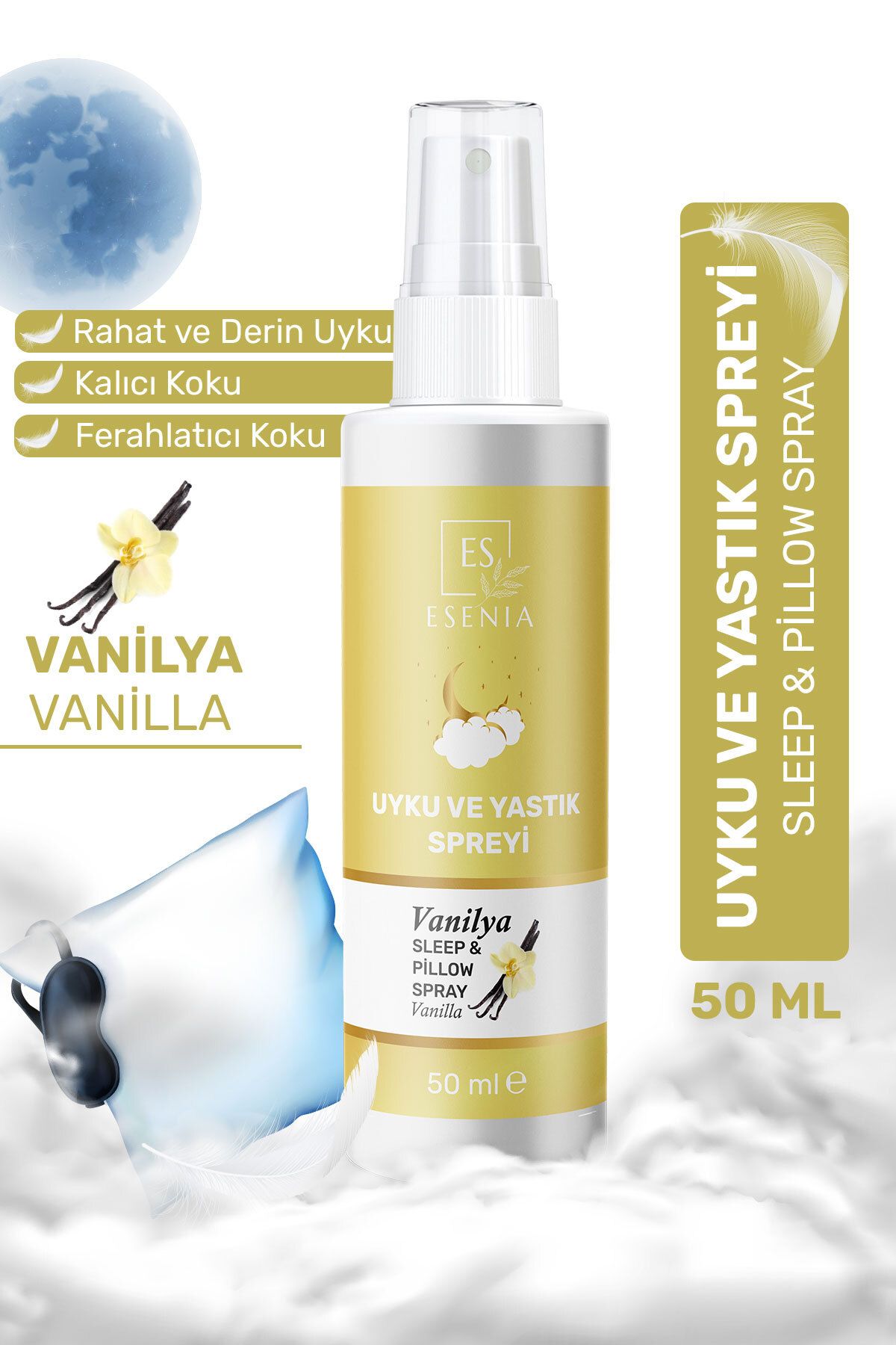 ESENIA Vanilya Uyku Ve Yastık Spreyi Rahatlatıcı Uyku Ve Dinlenme Spreyi Sleep And Pıllow Spray 50 ml