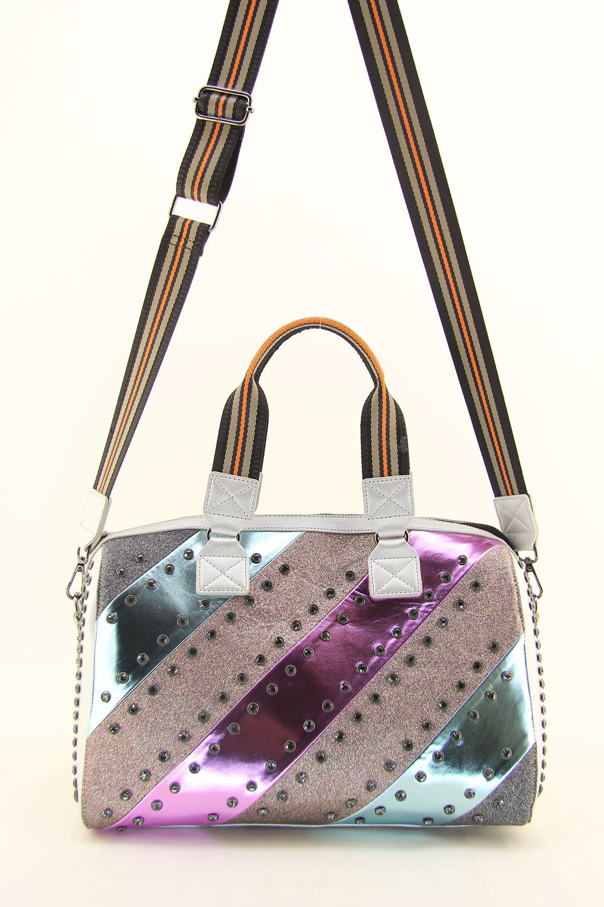 HNB-Women's Silver Multi Color Stone Cylinder Casual Shoulder Bag 2