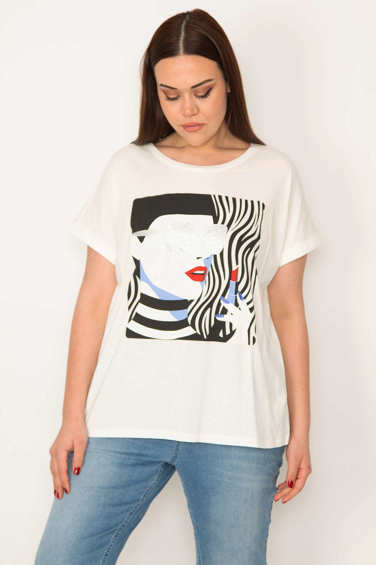 Şans-Women's Plus Size White Cotton Fabric Blouse with Glitter and Print Detail 65n32227 3