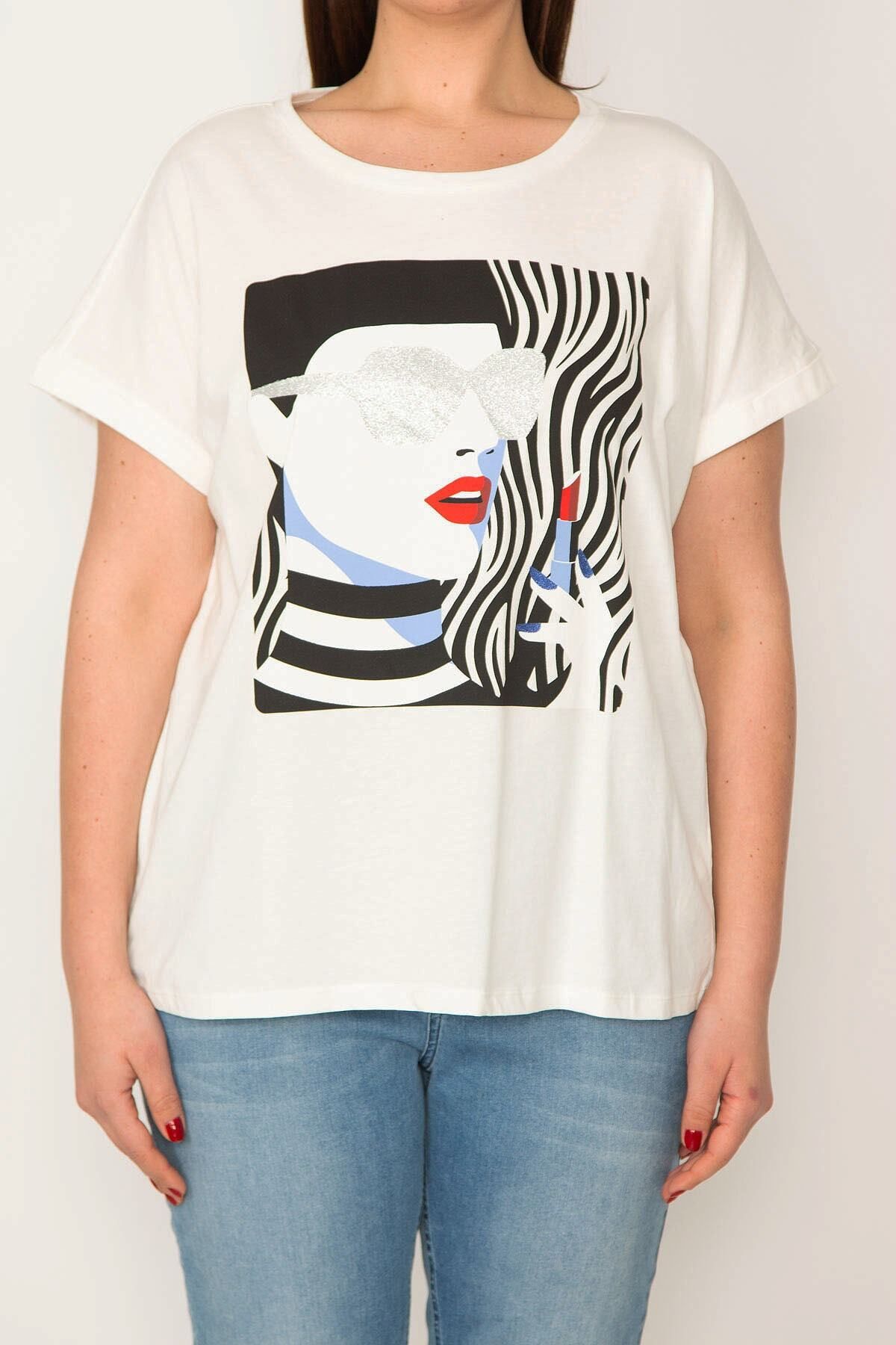 Şans-Women's Plus Size White Cotton Fabric Blouse with Glitter and Print Detail 65n32227 6