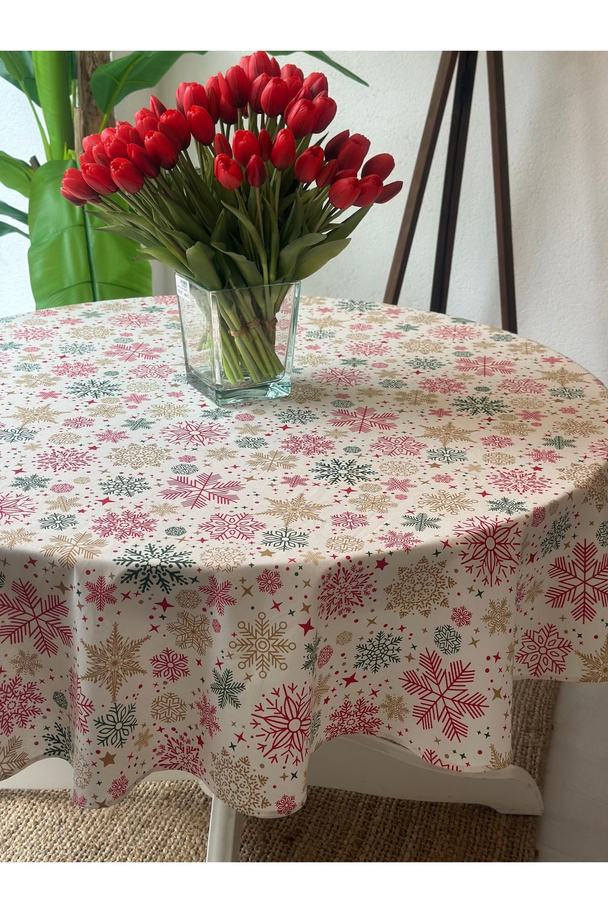 Decamor home-Laceless Stain Resistant Snowflake Pattern Ecru Round Tablecloth 6