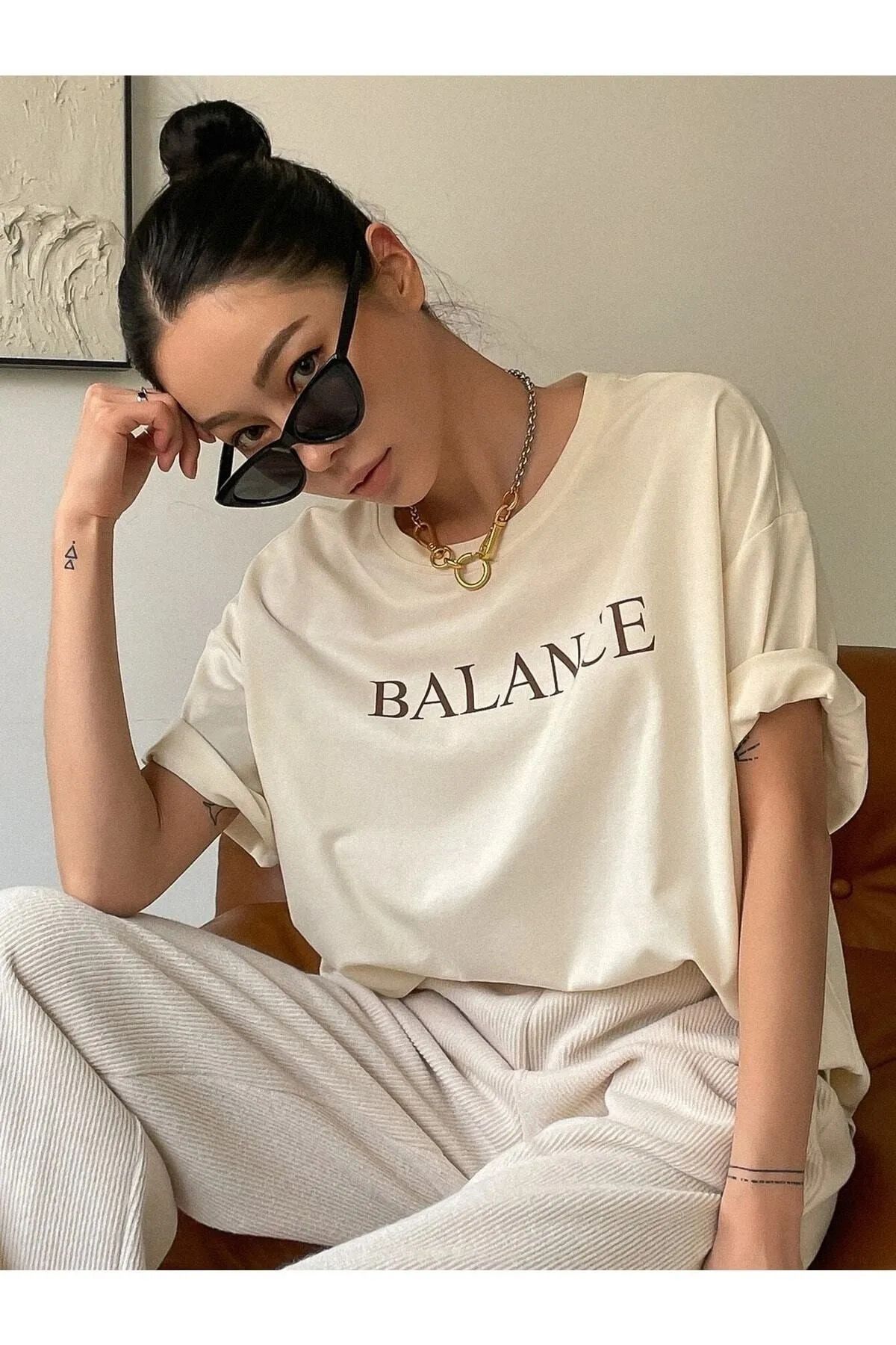 TEXTURA Kadın Balance Baskılı Pamuklu Oversize T-shirt