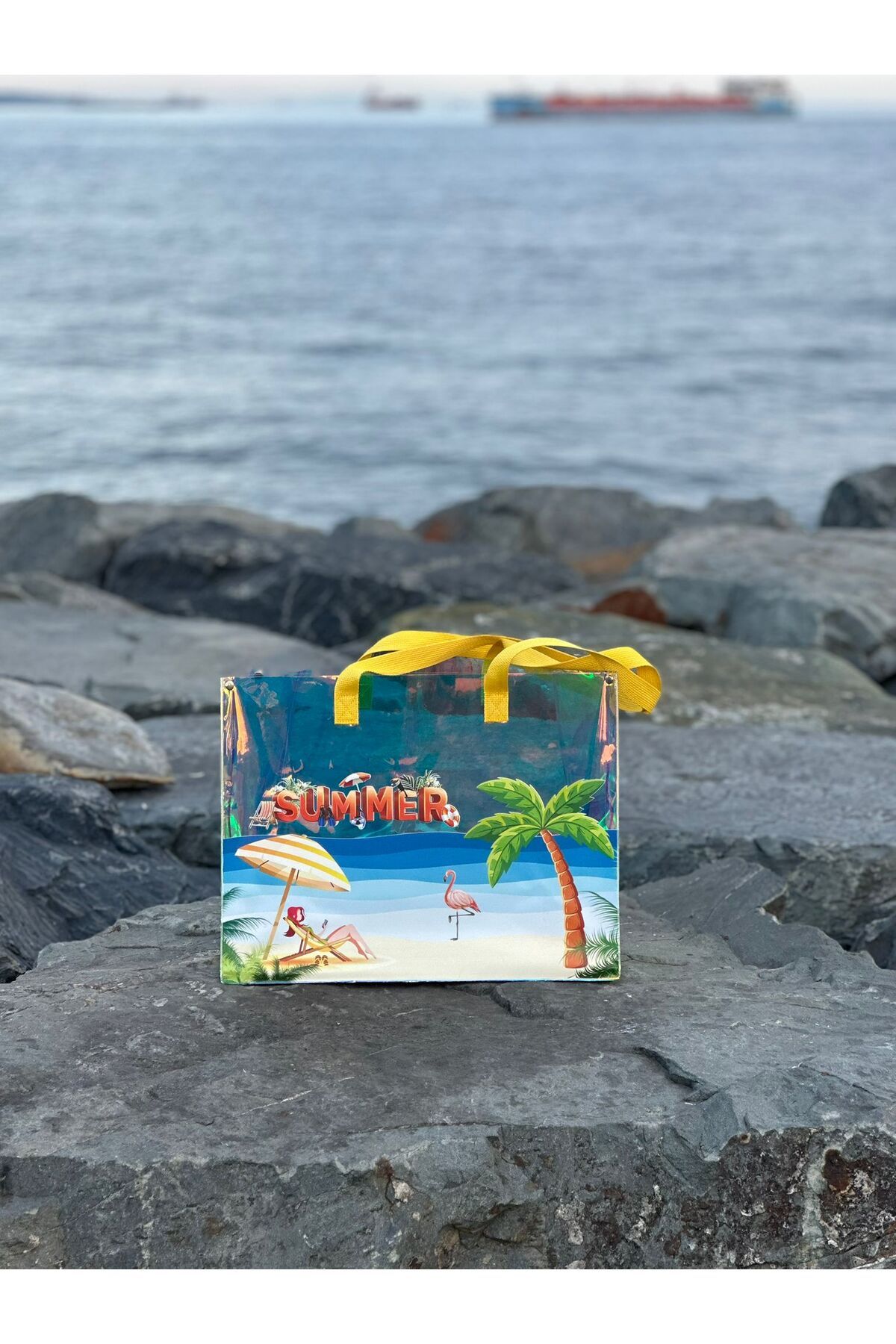 Beach Time Hologram Pvc Baskılı Plaj Çantası