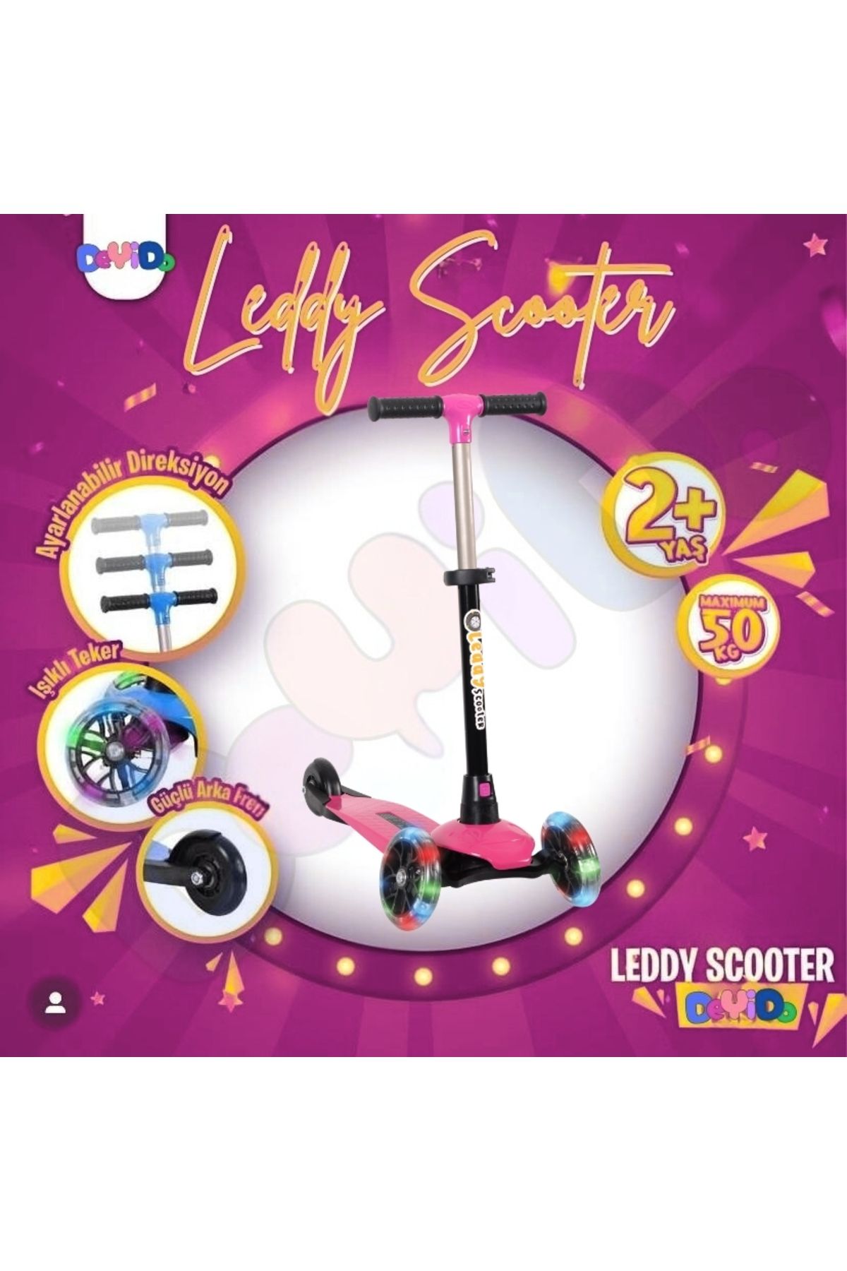 DeYiDo 3 Tekerlekli Led Işıklı Scooter Frenli Yükseklik Ayarlı Eğlenceli Lüks Çocuk Scooter Kaykay