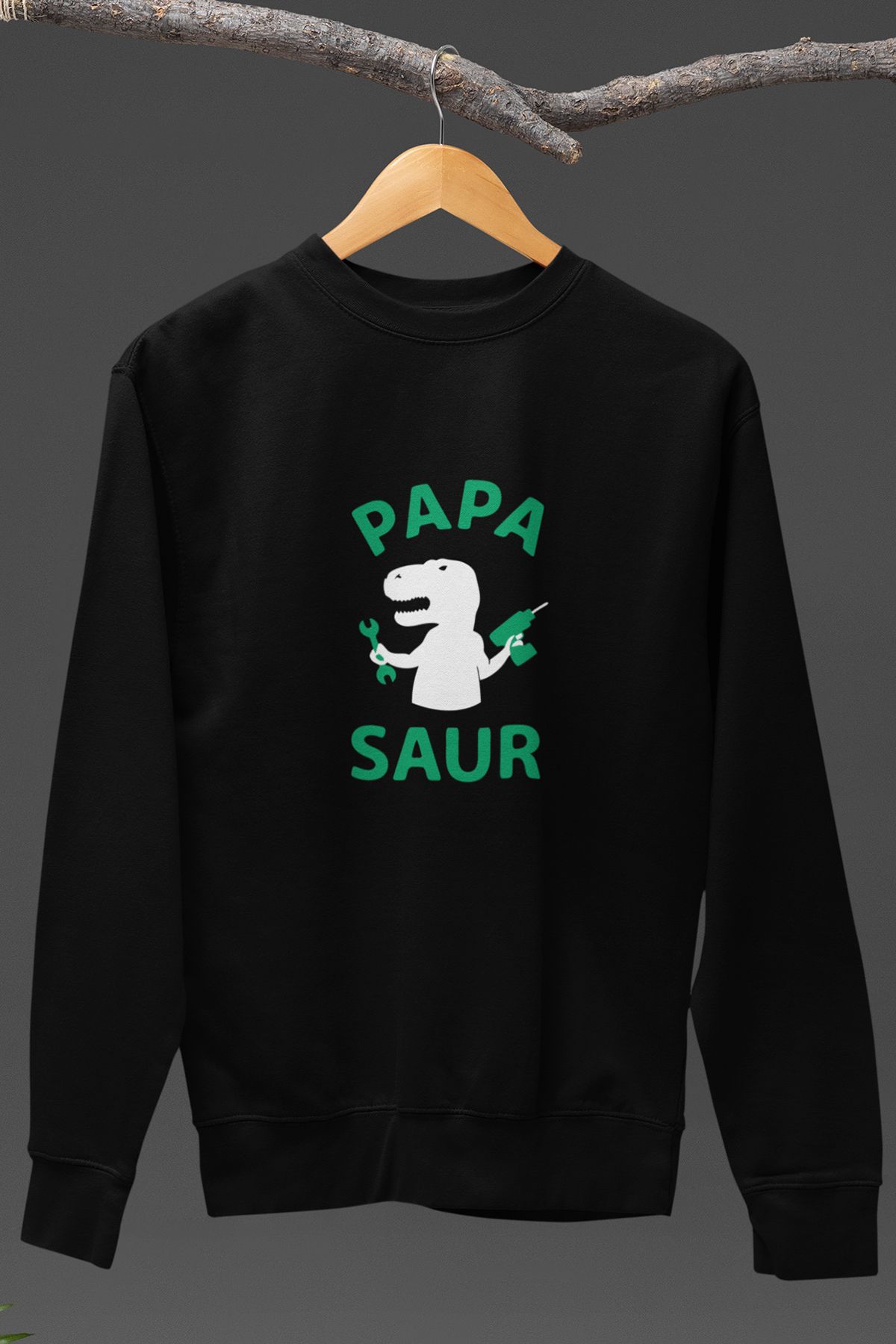 qoeuyl boutique Papasaur Baskılı Babalar Günü Eğlenceli Hediyelik %100 Pamuk Bisiklet Yaka Sweatshirt