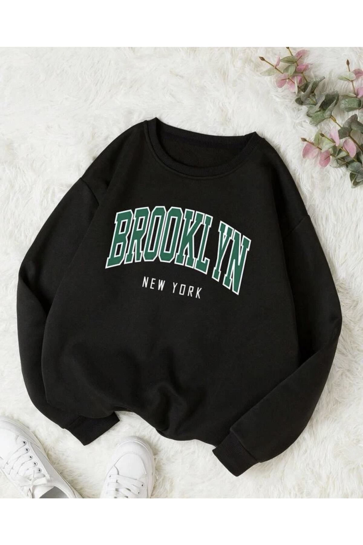 BU Wear Unisex Tam Kalıp Brooklyn Baskılı Siyah Sweat